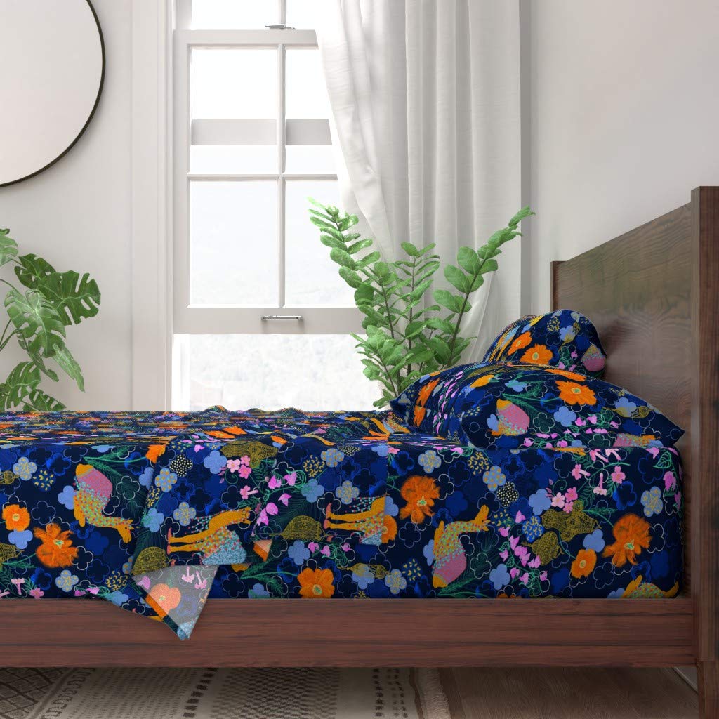 100% Cotton Twin Sheet Set 3-Piece - Navy Blue Boho Travel Print with Orange & Camel Decor | Soft & Breathable Bedding for Home, Dorm, or Travel | Machine Washable