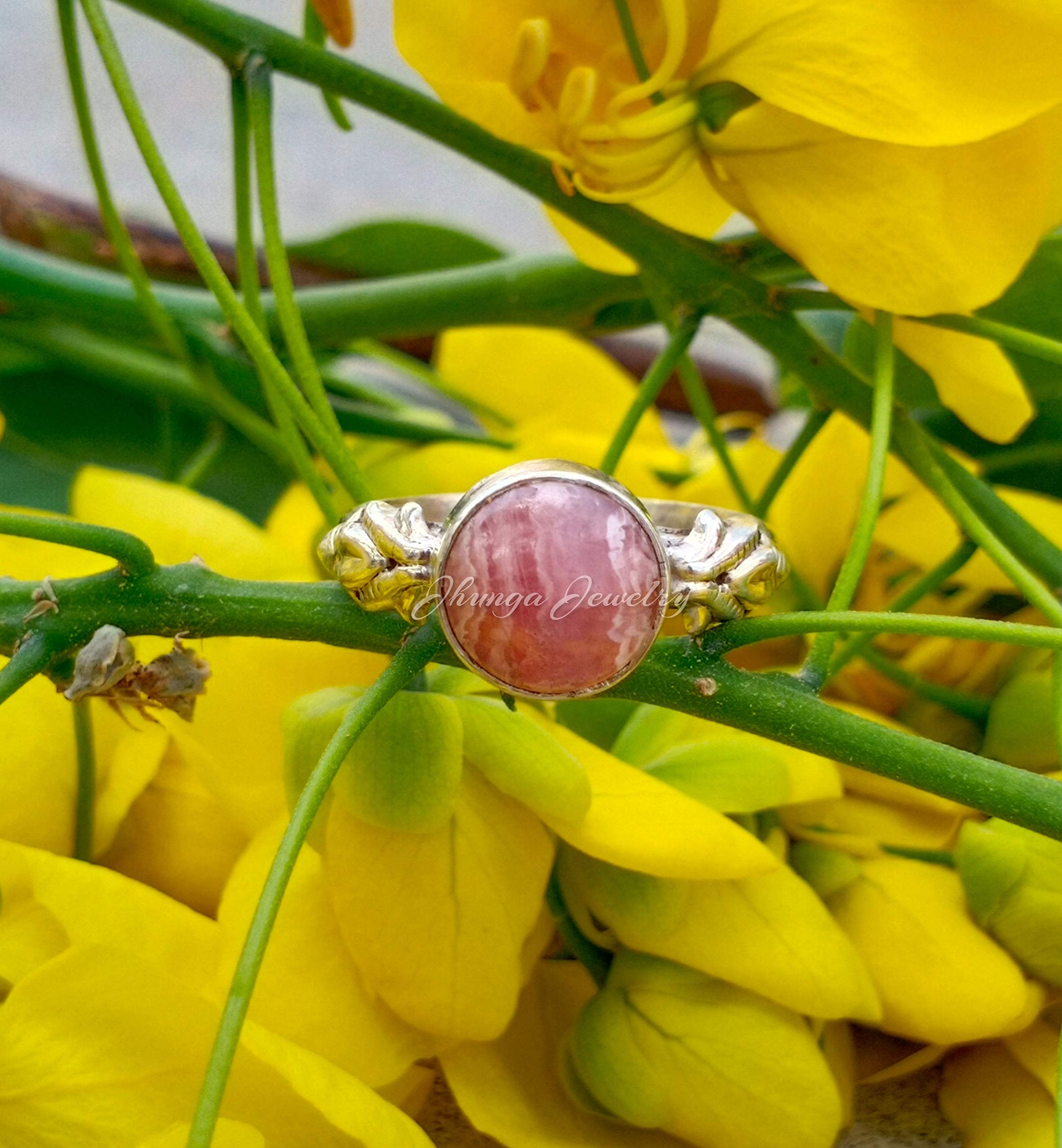 Rhodochrosite Ring for Women - 925 Sterling Silver Boho Statement Ring with Round Gemstone | Promise Ring, Dainty Jewelry Gift for Her | Perfect for Weddings, Anniversaries & Special Occasions