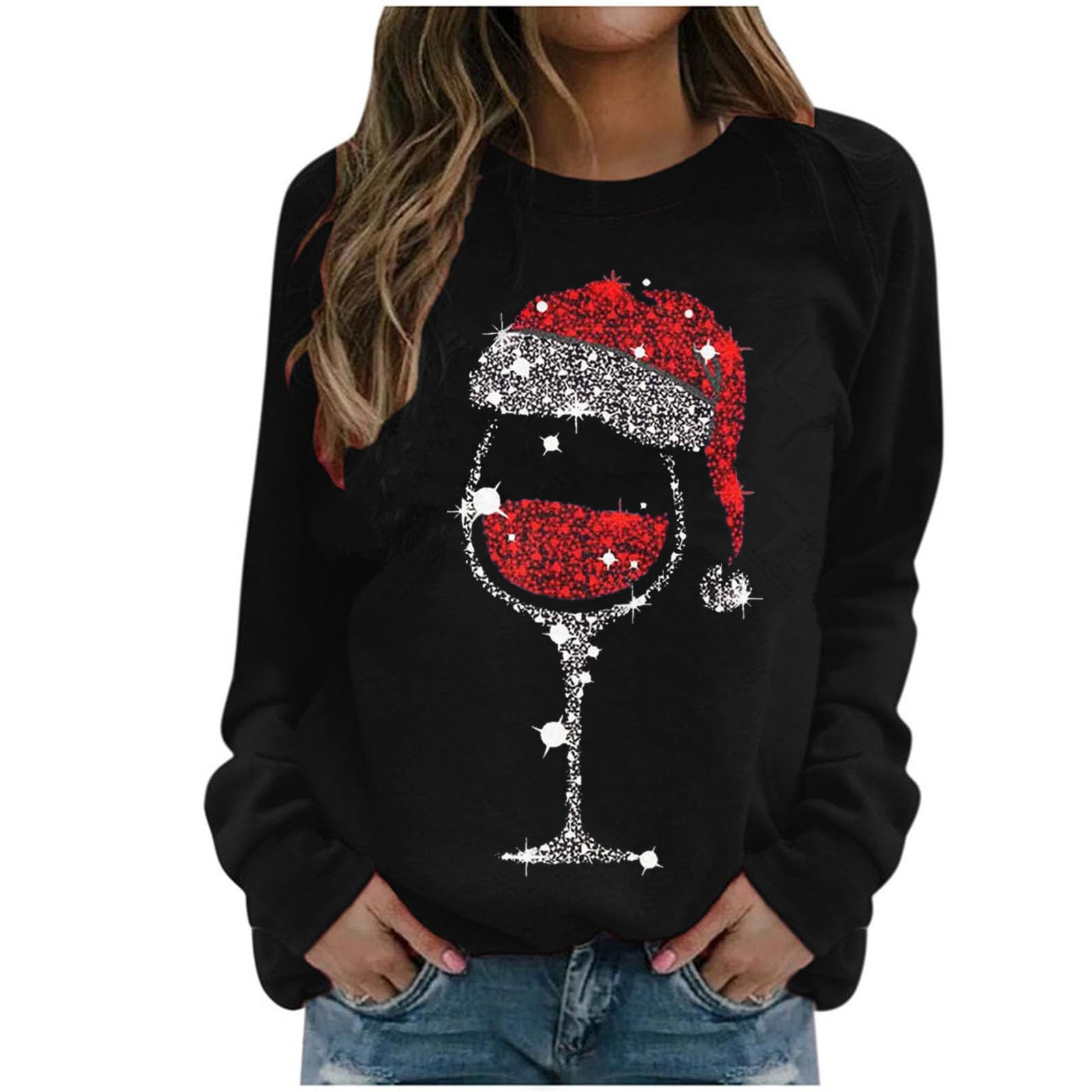 2024 Women's Christmas Sweatshirt - Red Wine Glass Holiday Crewneck Long Sleeve Graphic Sweater | Perfect for Xmas Parties, Family Gatherings & Festive Winter Outfits