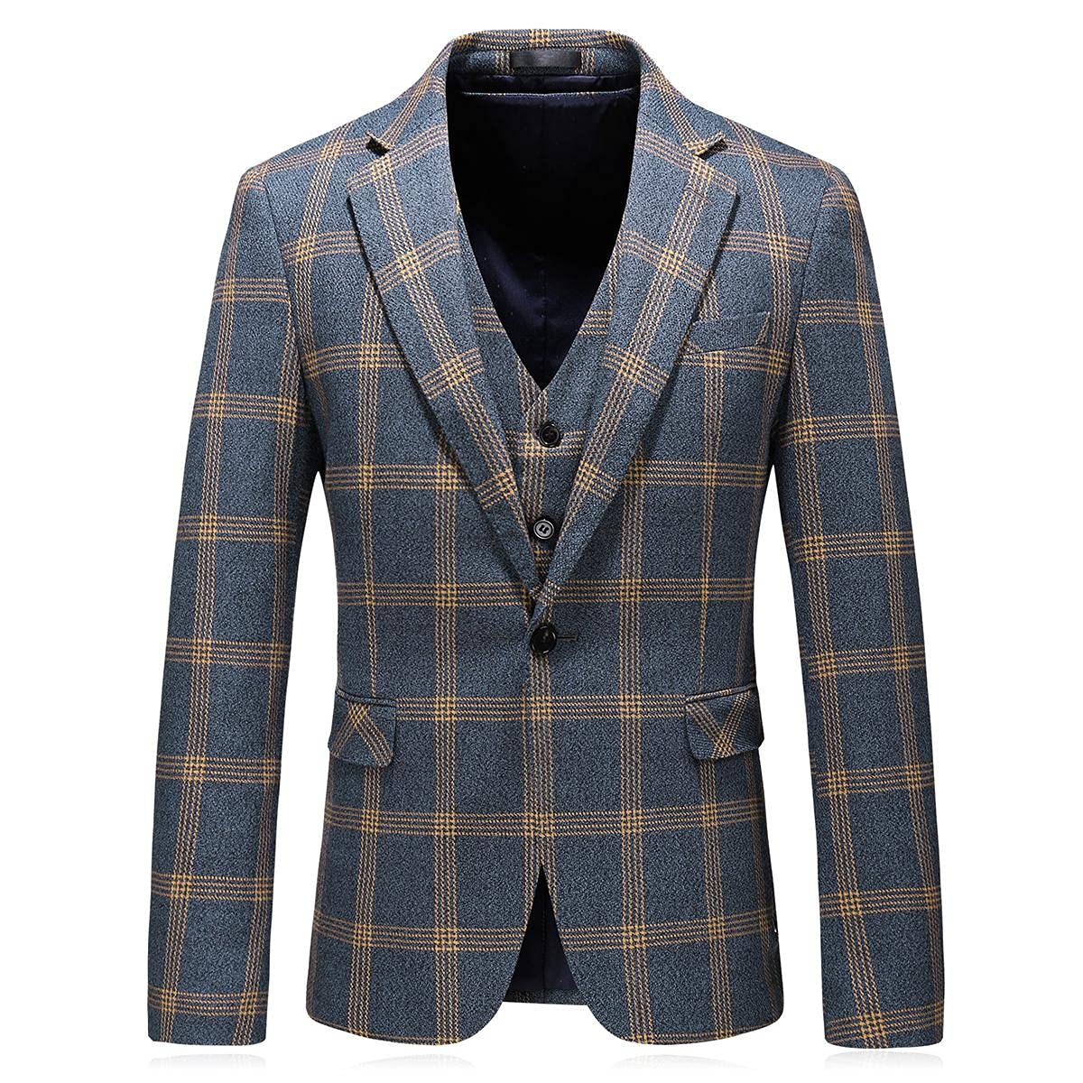 Men's 3-Piece Check Plaid Suit Set - Single Breasted One Button Formal Blazer with Vest & Pants | Perfect for Weddings, Prom, Business Meetings & Special Occasions