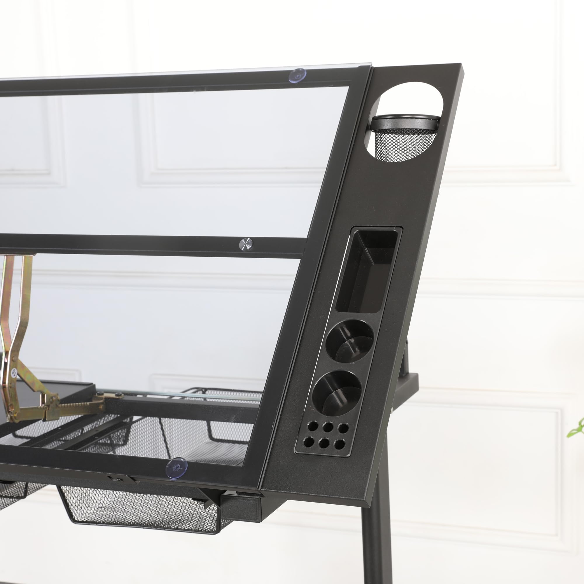 Adjustable Drafting Table with Hand Crank, 2 Storage Drawers & Stool - Black Tempered Glass Top, Metal Frame for Artists & Architects | Home Office, Studio & Classroom Use