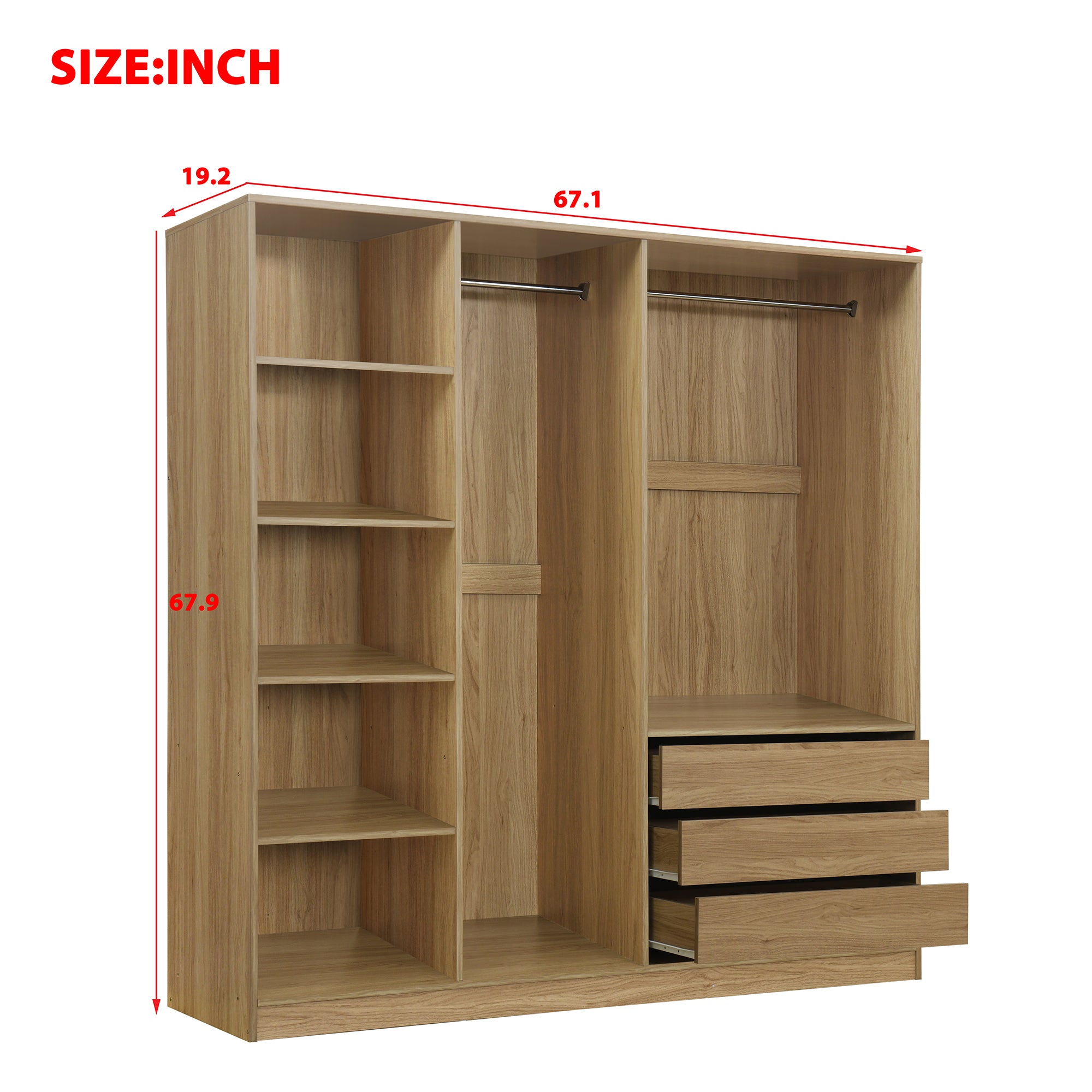 Natural Wooden Doorless Wardrobe with Shelves & 3 Drawers - Bedroom Closet Storage Organizer for Clothes, Shoes & Accessories | Perfect for Small Spaces & Modern Home Decor