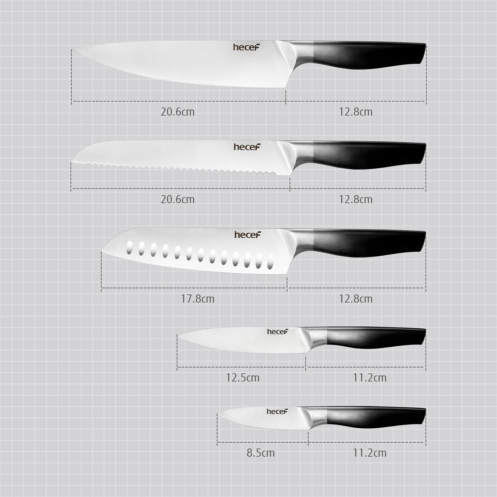 Premium 5-Piece Gradient Black Kitchen Knife Set - Satin Finish Blades, Hollow Handle, Protective Sheaths - Chef, Santoku, Bread, Utility & Paring Knives - Perfect for Home Cooking, Professional Chefs & Gift Giving