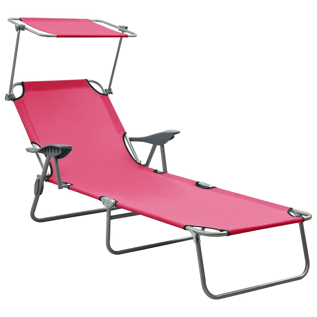 vidaXL Adjustable Foldable Sun Lounger with Canopy - Modern Outdoor Sunbed with Powder-Coated Steel Frame in Pink | Perfect for Poolside, Beach, Patio & Garden Relaxation