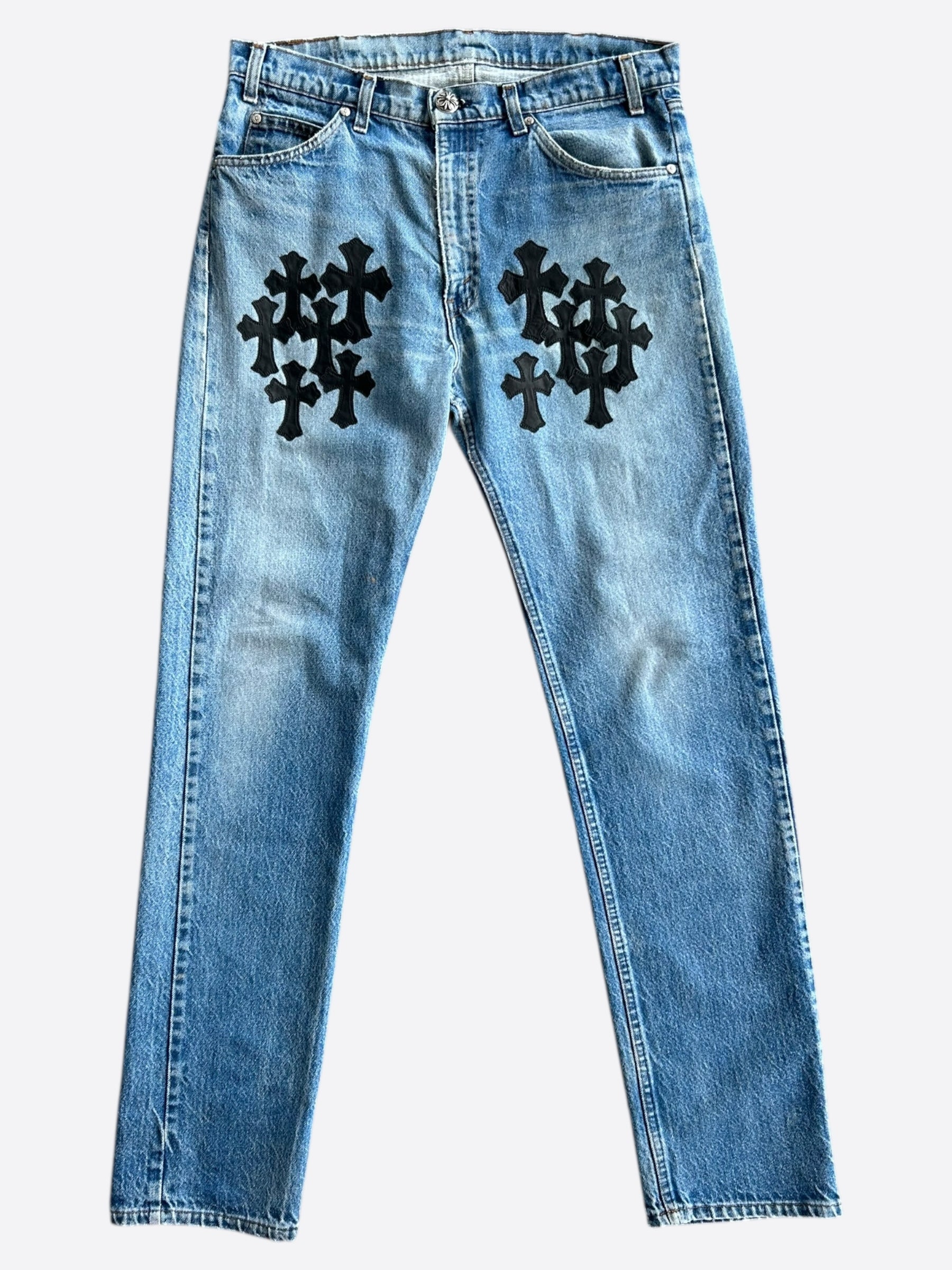 Chrome Hearts x Levi's Blue & Black Cross Patch Denim Jeans for Men - Stylish Vintage Streetwear for Casual Outfits & Night Out Looks