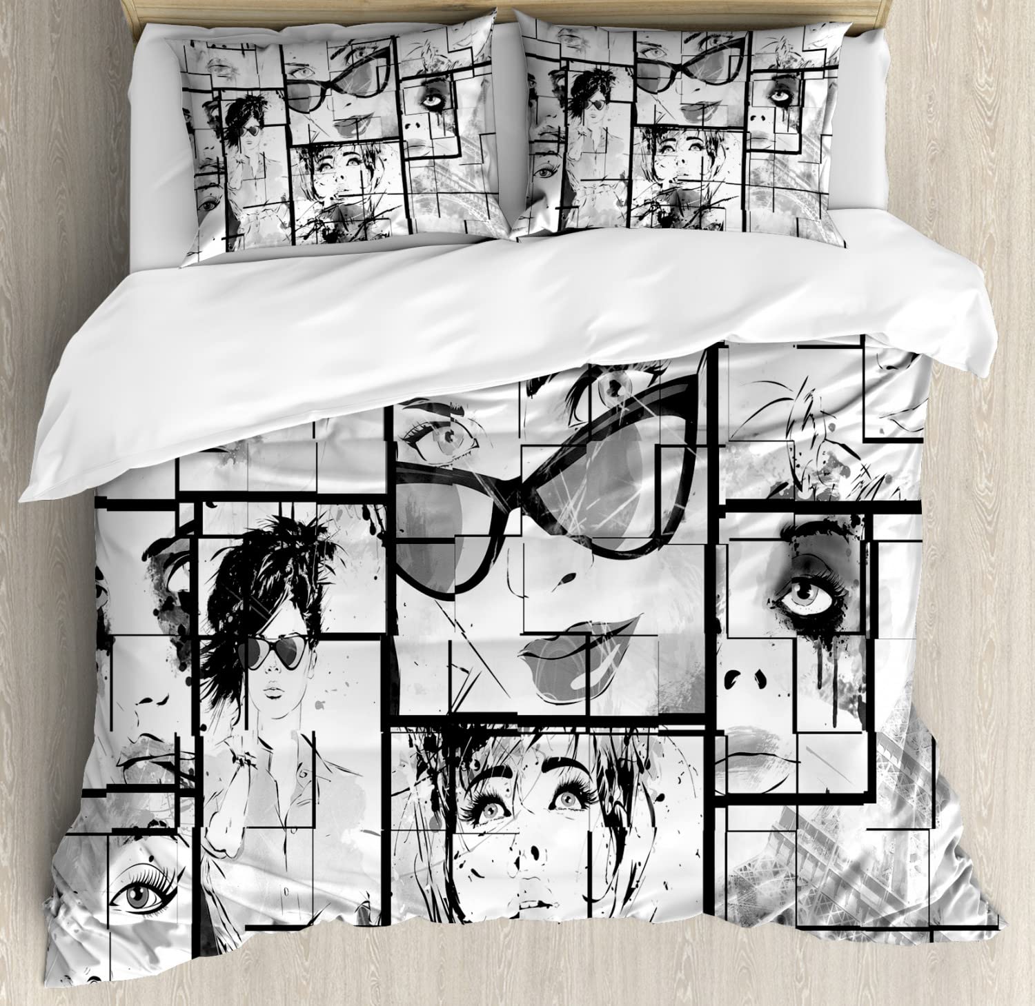 Ambesonne Eiffel Tower Duvet Cover Set - Monochrome Pop Art Parisian Romance Bedding (2 Duvet Covers + 2 Pillowcases) Twin Size in White, Black & Grey | Perfect for Paris-Themed Bedrooms & Gift Ideas