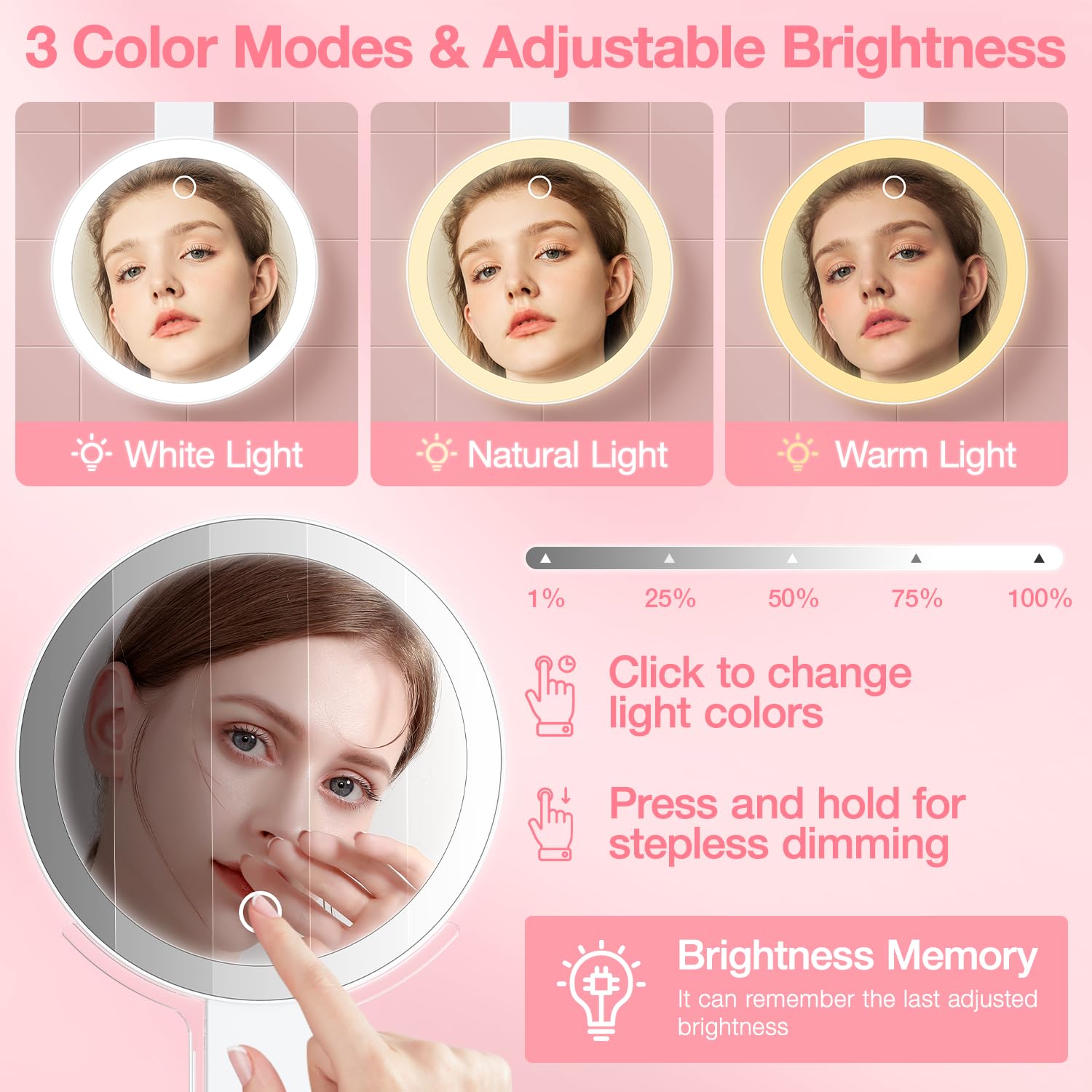 10X Magnifying Travel Makeup Mirror - 3 Color Lights, Adjustable Brightness for Home & Travel