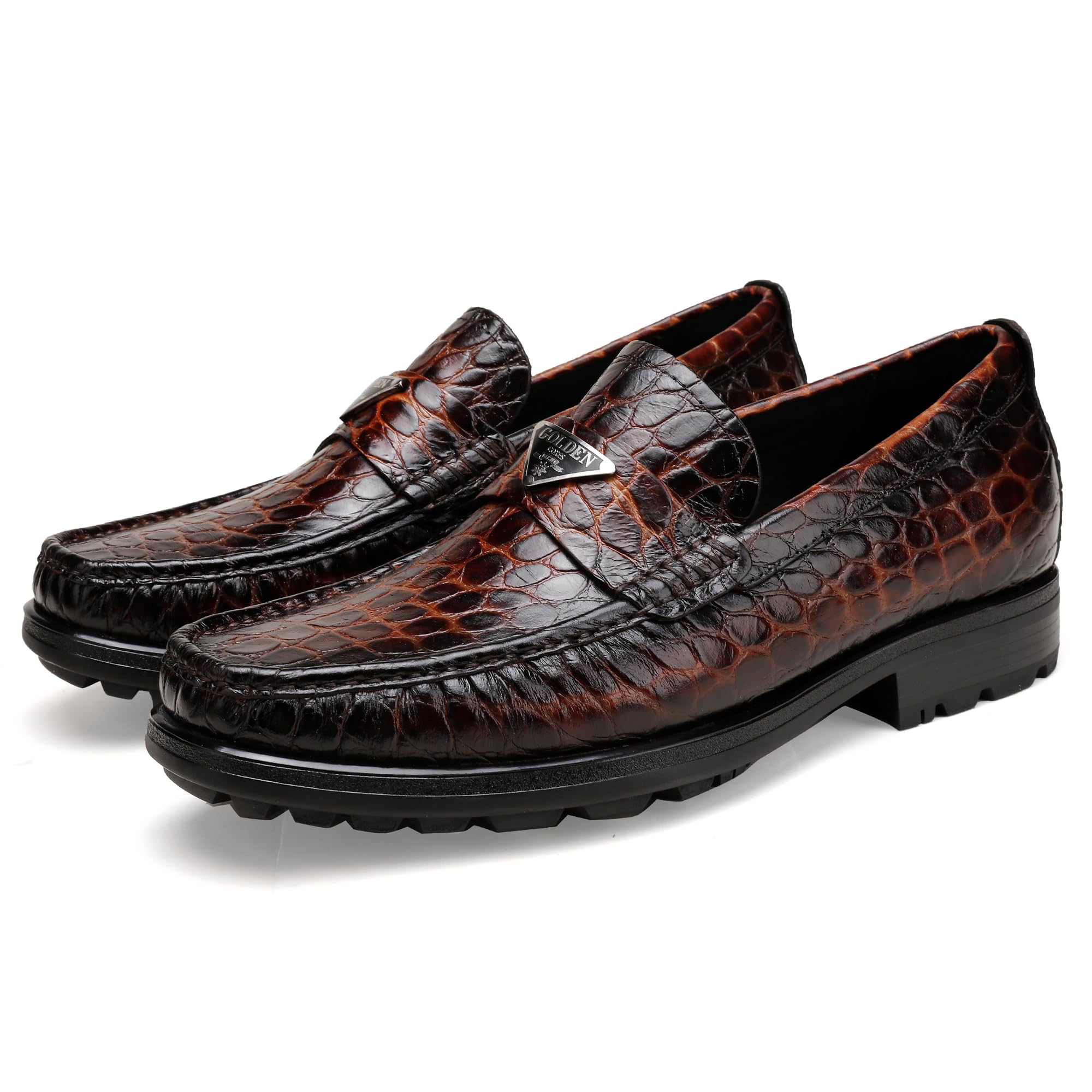 Premium Men's Leather Dress Shoes - Crocodile Print Slip-On Loafers with Thick Sole for Business & Formal Occasions | Comfortable & Stylish Gentleman Shoes for Office, Weddings & Special Events