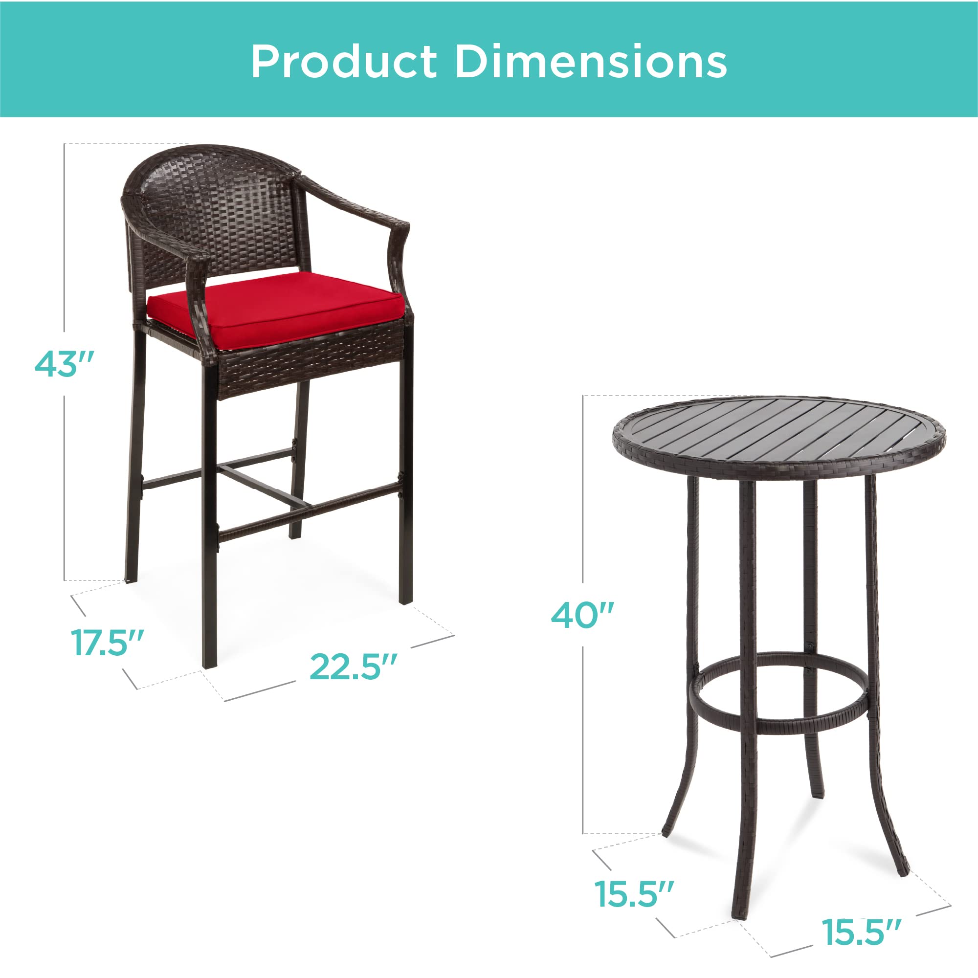 Best Choice Products 3-Piece Patio Bar Table Set - Outdoor Wicker Bar Height Bistro Furniture with Barstools & Cushions, Steel Frame in Brown/Red - Perfect for Backyard, Poolside, Balcony & Garden Entertaining