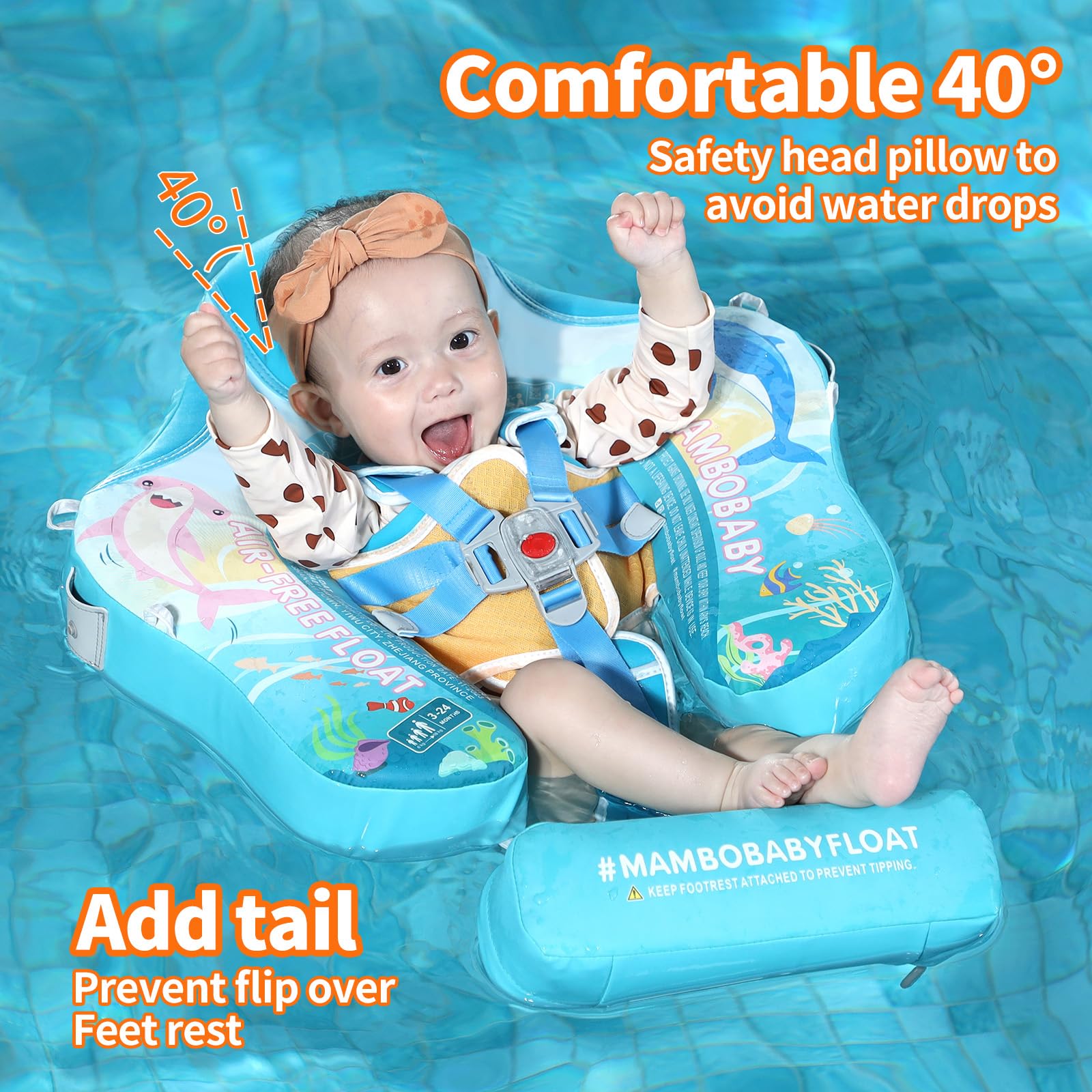 Mambobaby Baby Swim Float with Canopy & Portable Backpack - Skin-Friendly Non-Inflatable Infant Pool Float for 3-24 Months - Waterproof Smart Swim Trainer with Tail - Perfect for Beach, Pool, and Outdoor Water Activities
