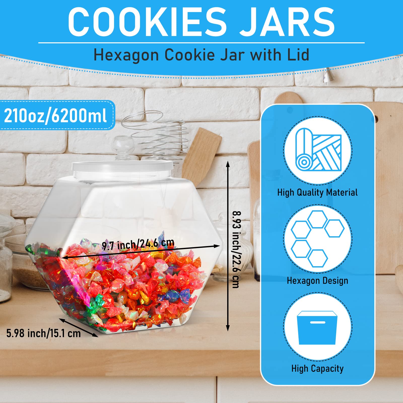 EBOOT 4-Piece Hexagon Plastic Cookie Jars with Lids - 210oz Clear Kitchen Storage Containers for Candy, Laundry Pods, Dry Food, Dog Treats & Crafts | Perfect for Countertop Organization, Buffet Serving & Home Decor