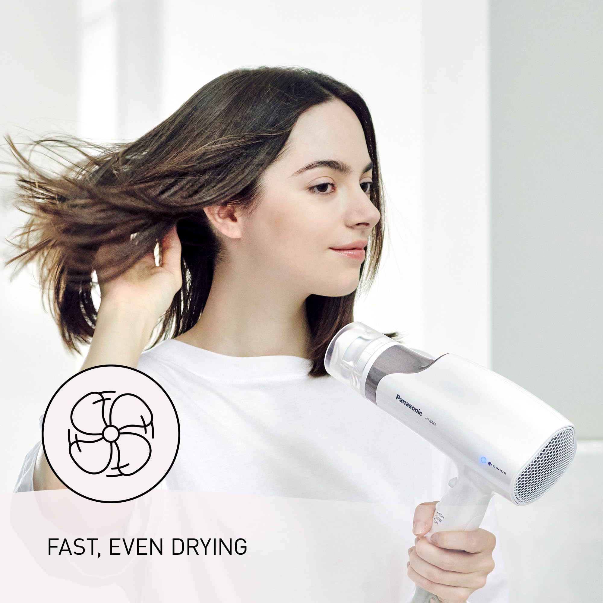 Panasonic Nanoe Hair Dryer EH-NA67-W - Salon Quality Blow Dryer with Oscillating QuickDry Nozzle, Diffuser & Concentrator Attachments, 3 Heat & Speed Settings for Fast Drying & Healthy Hair - Perfect for Home & Professional Styling (White)
