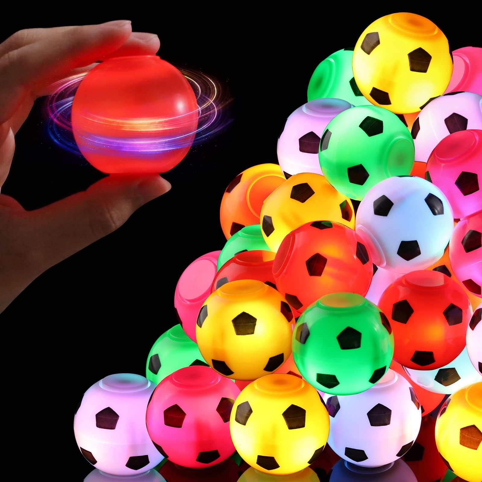 WELLVO 24-Pack Light Up Soccer Ball Fidget Spinner Toys - Halloween Treats, Birthday Party Favors, Classroom Prizes & Goodie Bag Stuffers for Kids | Perfect for Soccer Themed Parties, Birthday Gifts & School Rewards