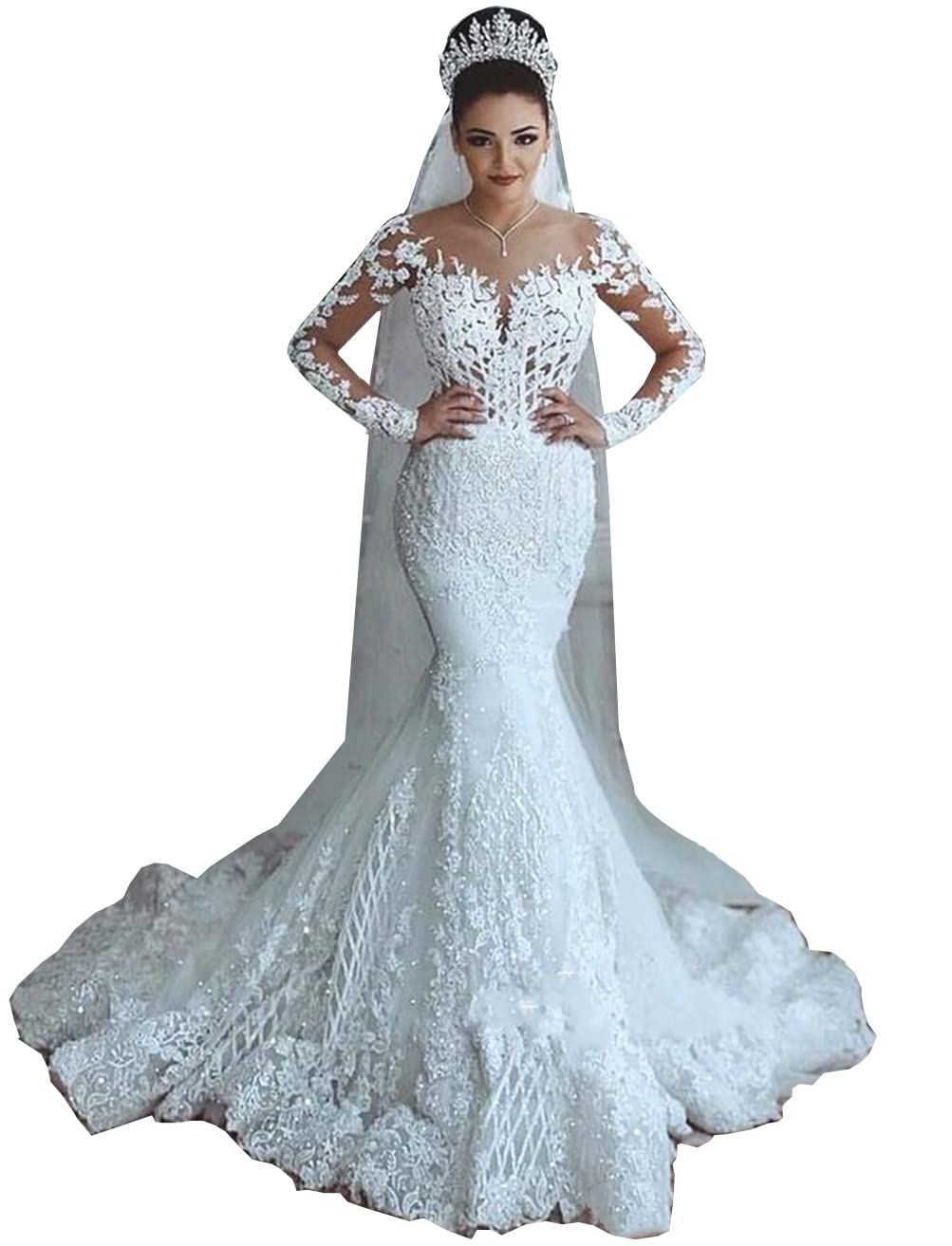 Elegant Beaded Mermaid Wedding Dress with Long Sleeves & Sheer Neck Lace Appliques - Perfect for Beach, Church, and Formal Bridal Ceremonies