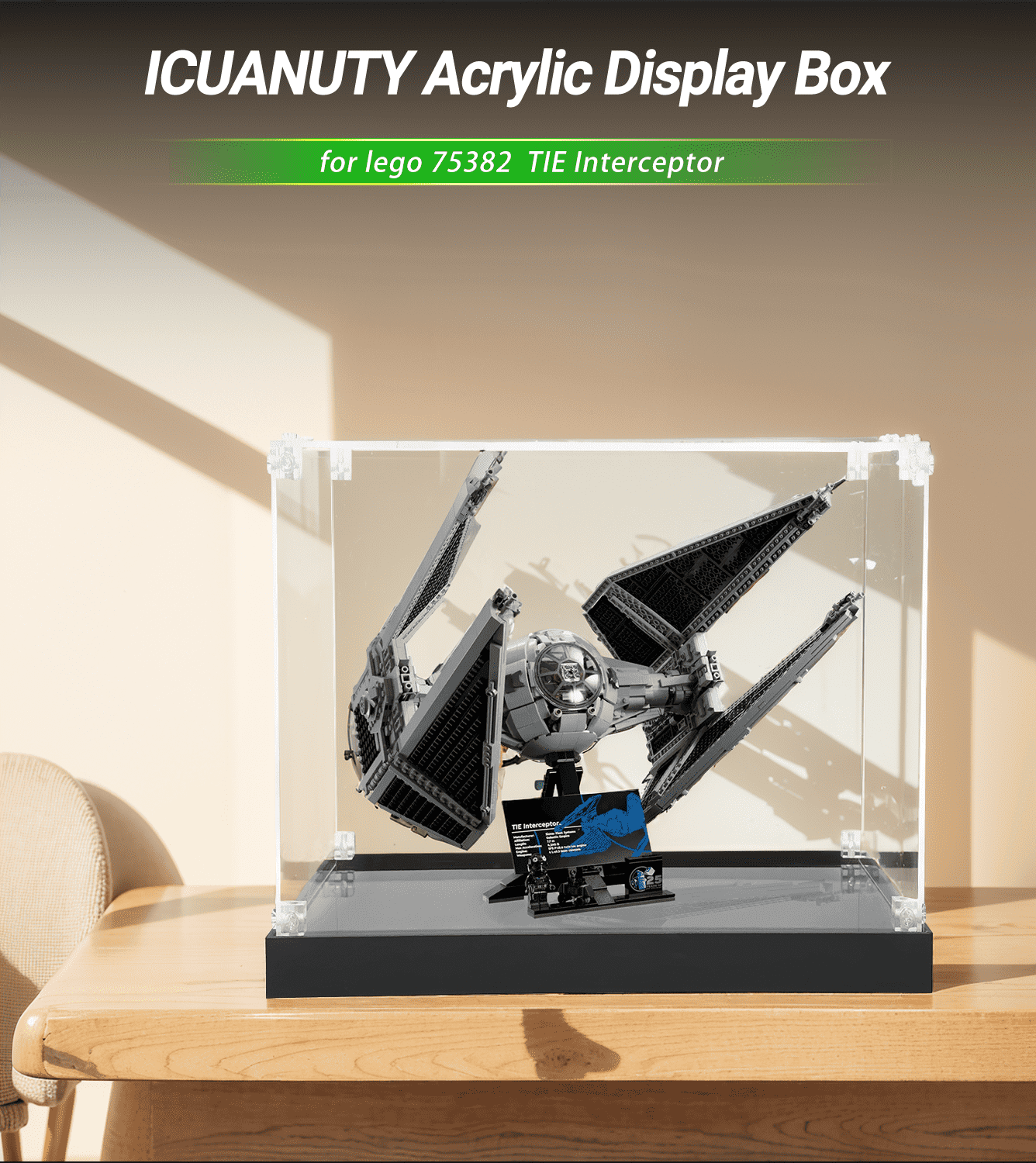 LEGO Star Wars TIE Interceptor 75382 Display Case - Clear Acrylic Showcase for Collectible Building Set | Perfect for Home Decoration, Office Display & Gift Giving