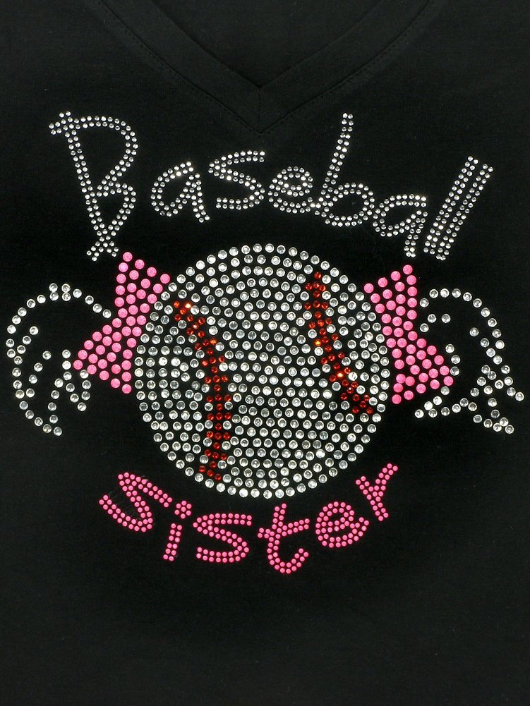 Sparkly Rhinestone Bling Baseball Sister T-Shirt for Women - Trendy Black Graphic Tee for Casual Wear, Game Day & Sisterhood Events