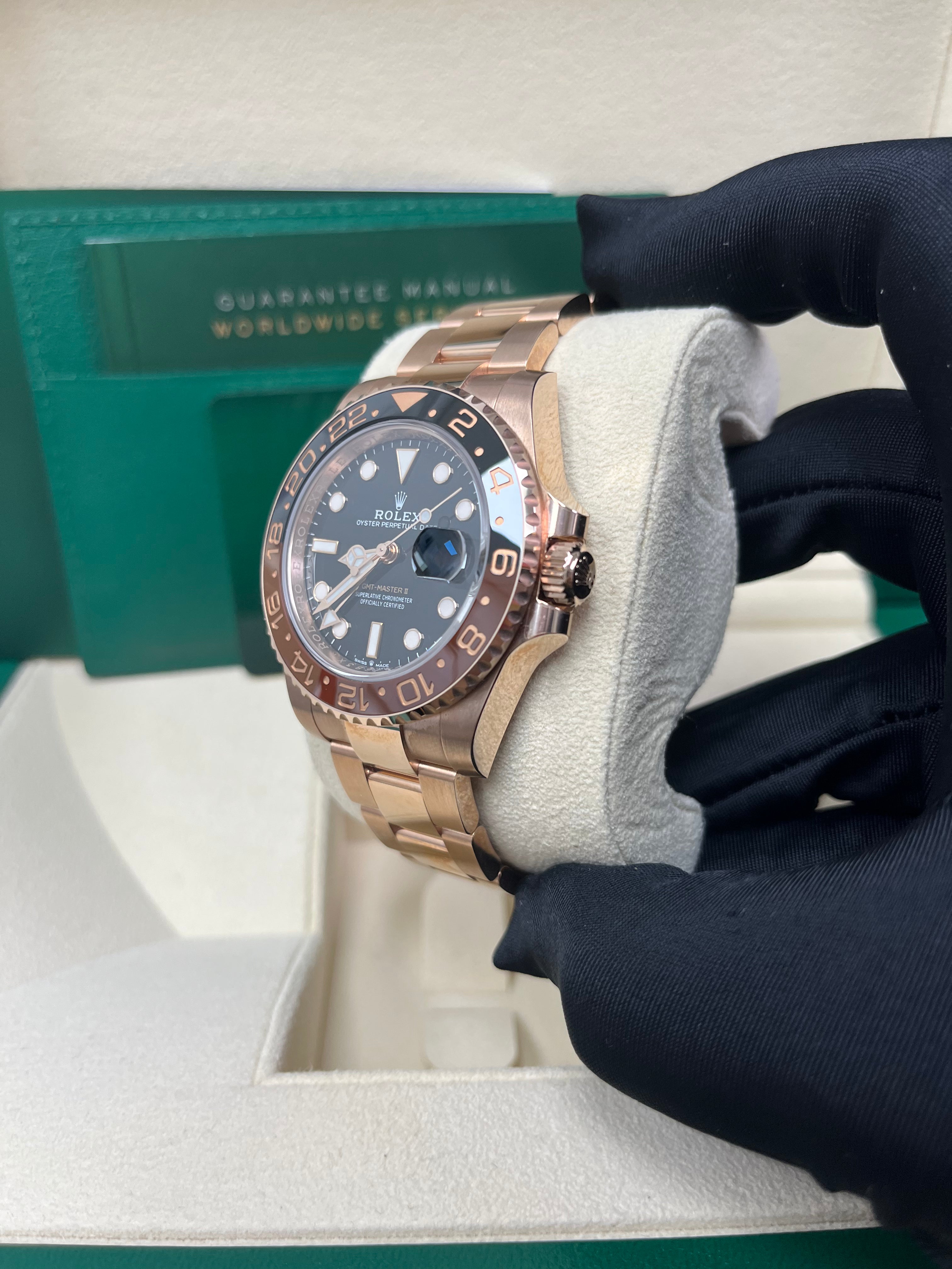 Rolex GMT Master II 18K Everose Rose Gold Watch - Rootbeer Black & Brown Ceramic Bezel, Oyster Bracelet (Ref# 126715CHNR) | Luxury Men's Watch for Travel, Business & Special Occasions