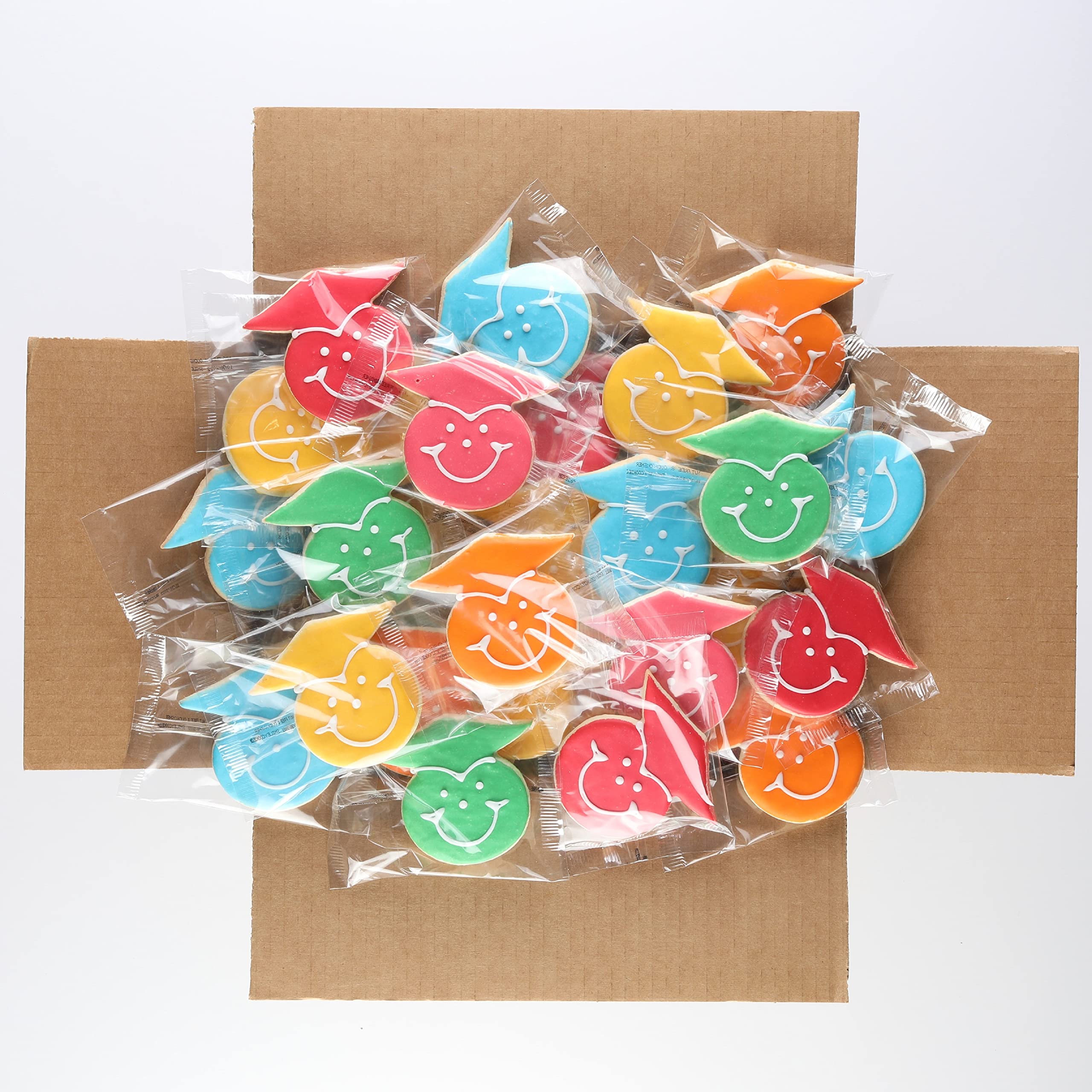 50-Pack Nut-Free Rainbow Graduation Smiley® Cookies - Bulk Party Favors for School Celebrations, Birthday Parties & Special Events