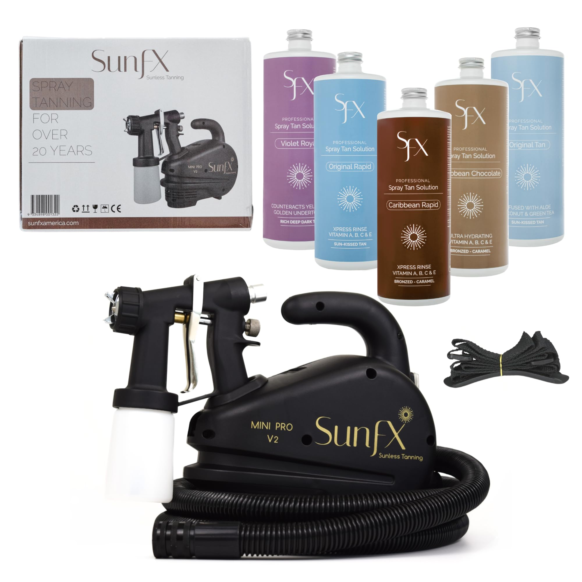 SunFX Professional HVLP Sunless Tanning System - Pro Mini V2 Airbrush Tanning Machine with Solution Pack & Accessories | Mobile & Salon Spray Tan Equipment | Perfect for At-Home, Bridal & Professional Spray Tanning Services