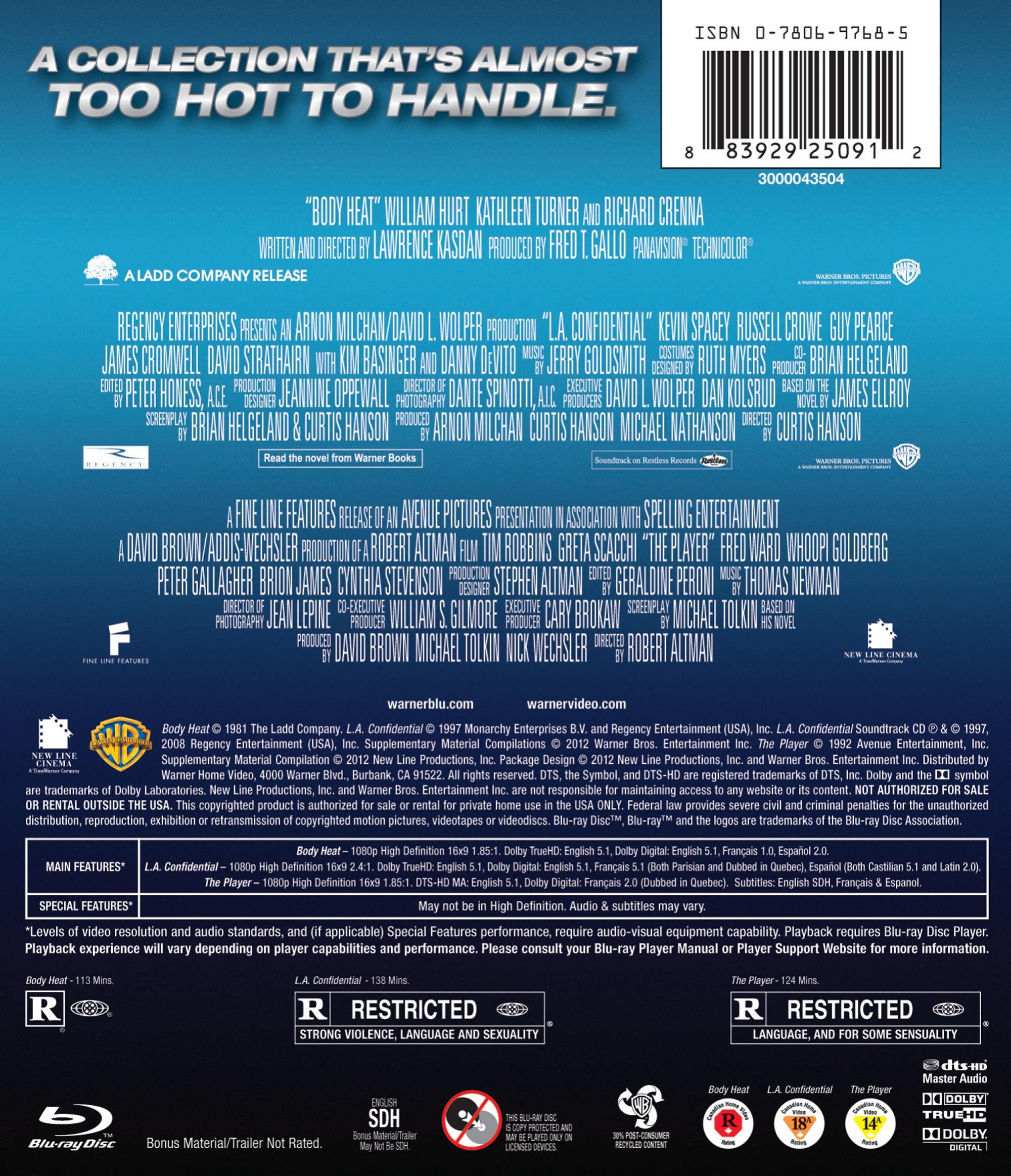 Body Heat, L.A. Confidential & The Player - Classic Crime Thriller Movies Blu-ray Collection | Perfect for Movie Nights & Film Enthusiasts