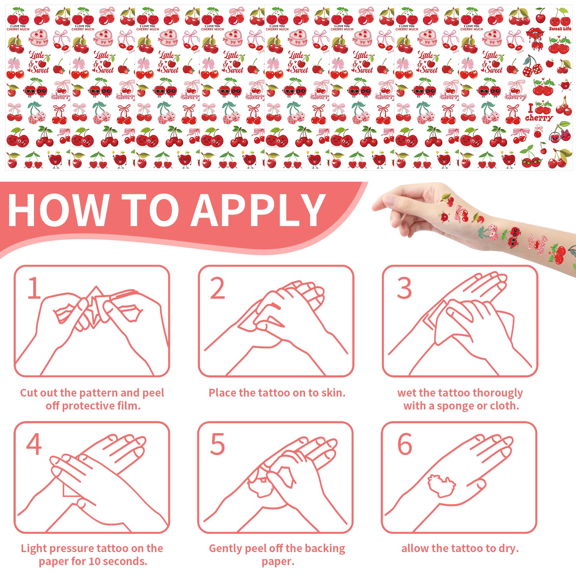 280 Pcs Cherry Temporary Tattoos for Parties - Fun Fruit Themed Birthday Favors, Cute Cherry Design Party Supplies & Decorations | Perfect for Birthday Treat Bags, Baby Showers & Summer Events (8 Sheets)