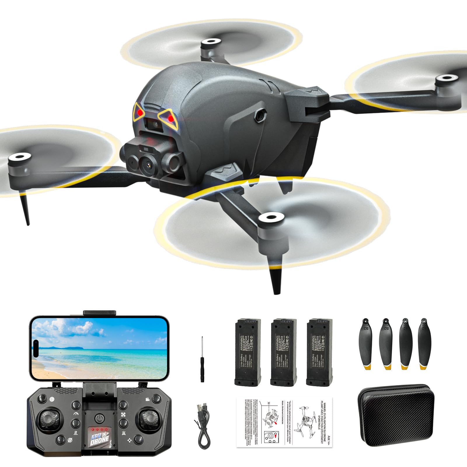 HYTOBP S177 Foldable Drone with 1080P HD Camera & Brushless Motor - 3 Batteries, 90° Adjustable Lens, One Key Takeoff/Landing - Perfect for Adults, Kids & Beginners - Great for Aerial Photography, Travel Adventures & Outdoor Exploration