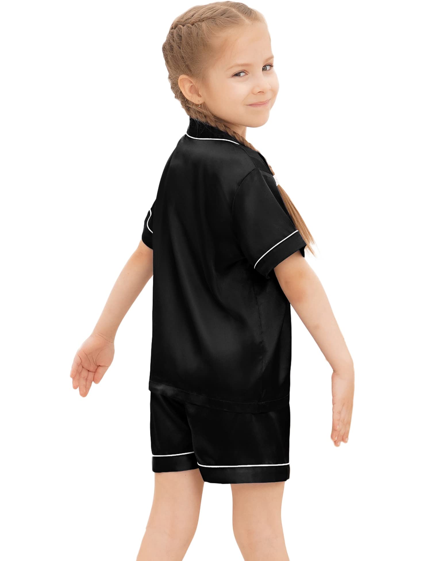 SWOMOG Kids Silk Satin Pajama Set for Girls & Boys - Soft Button-Down Sleepwear, Short Sleeve 2-Piece PJs, Comfortable Lounge Wear - Perfect for Bedtime, Sleepovers & Relaxing at Home