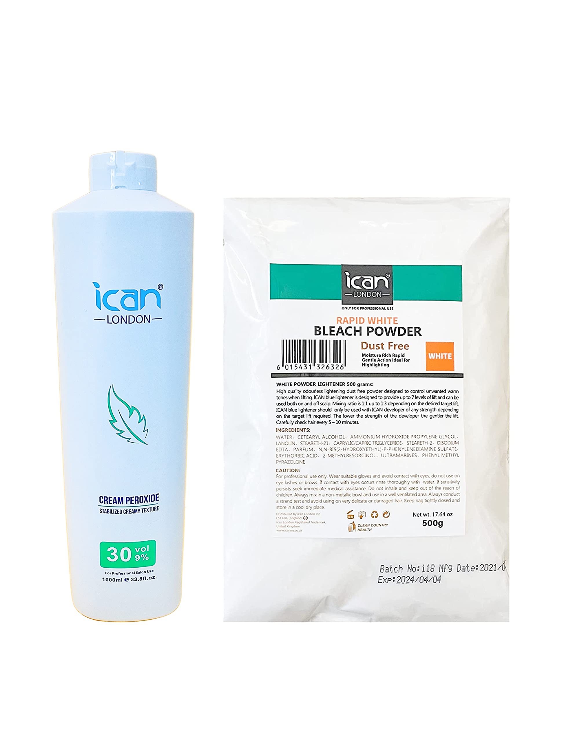 ICAN LONDON PROFESSIONAL CREAM PEROXIDE 30 VOL 9% 1000ML + WHITE POWDER BLEACH 500G COMBO SET - Hair Lightening & Bleaching Kit for Salon & Home Use
