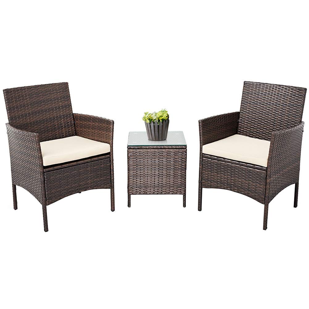 **Crownland 3-Piece Outdoor Bistro Set - All-Weather Wicker Chairs with Cushions & Glass Coffee Table - Patio, Garden, Backyard, Porch, Balcony Furniture (Brown/Beige) - Perfect for Relaxing, Dining & Entertaining Outdoors**
