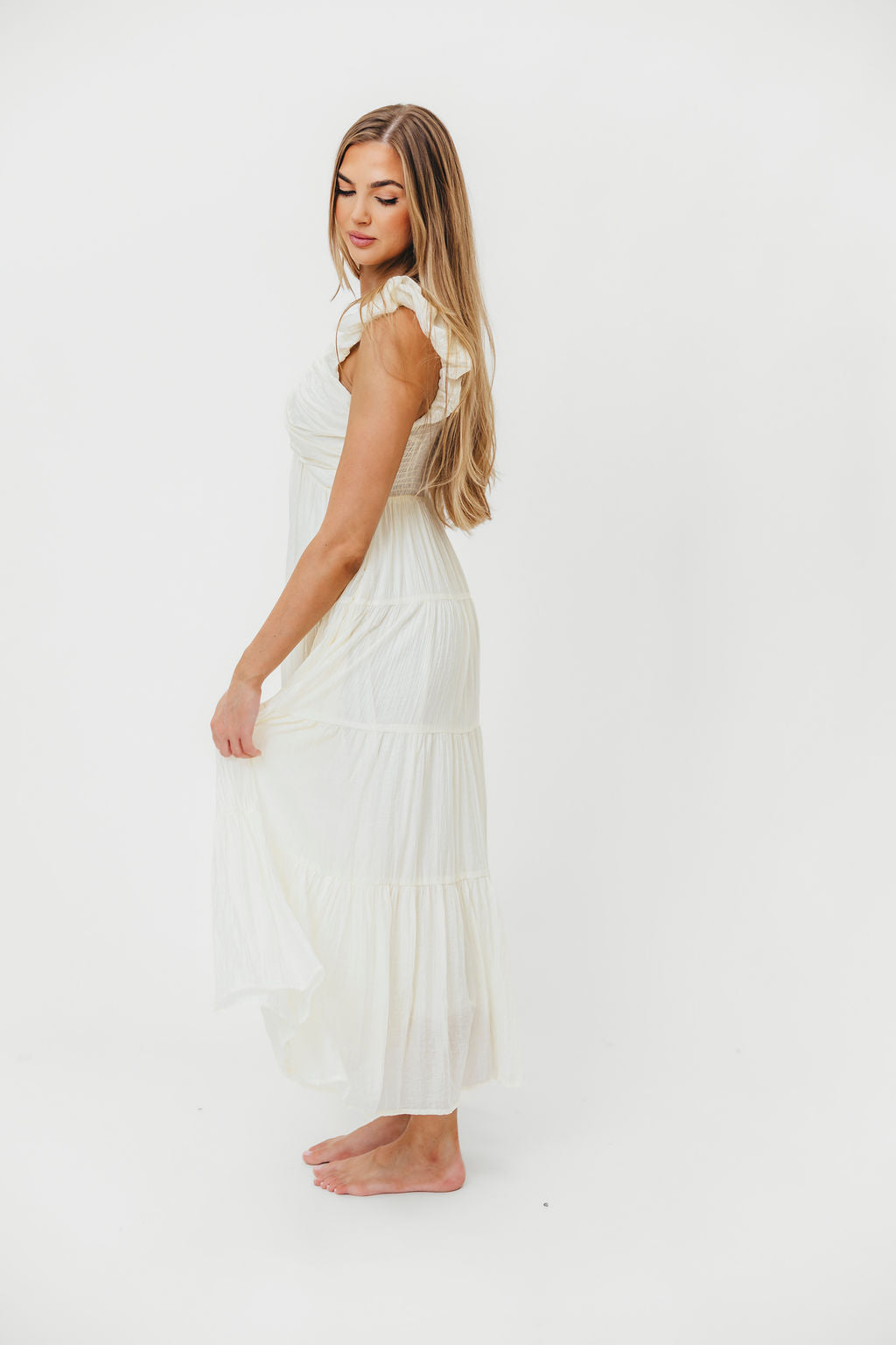 Katy Pleated Bodice Midi Dress in Cream | Bump Friendly Maternity Dress | Perfect for Baby Showers, Weddings & Special Occasions