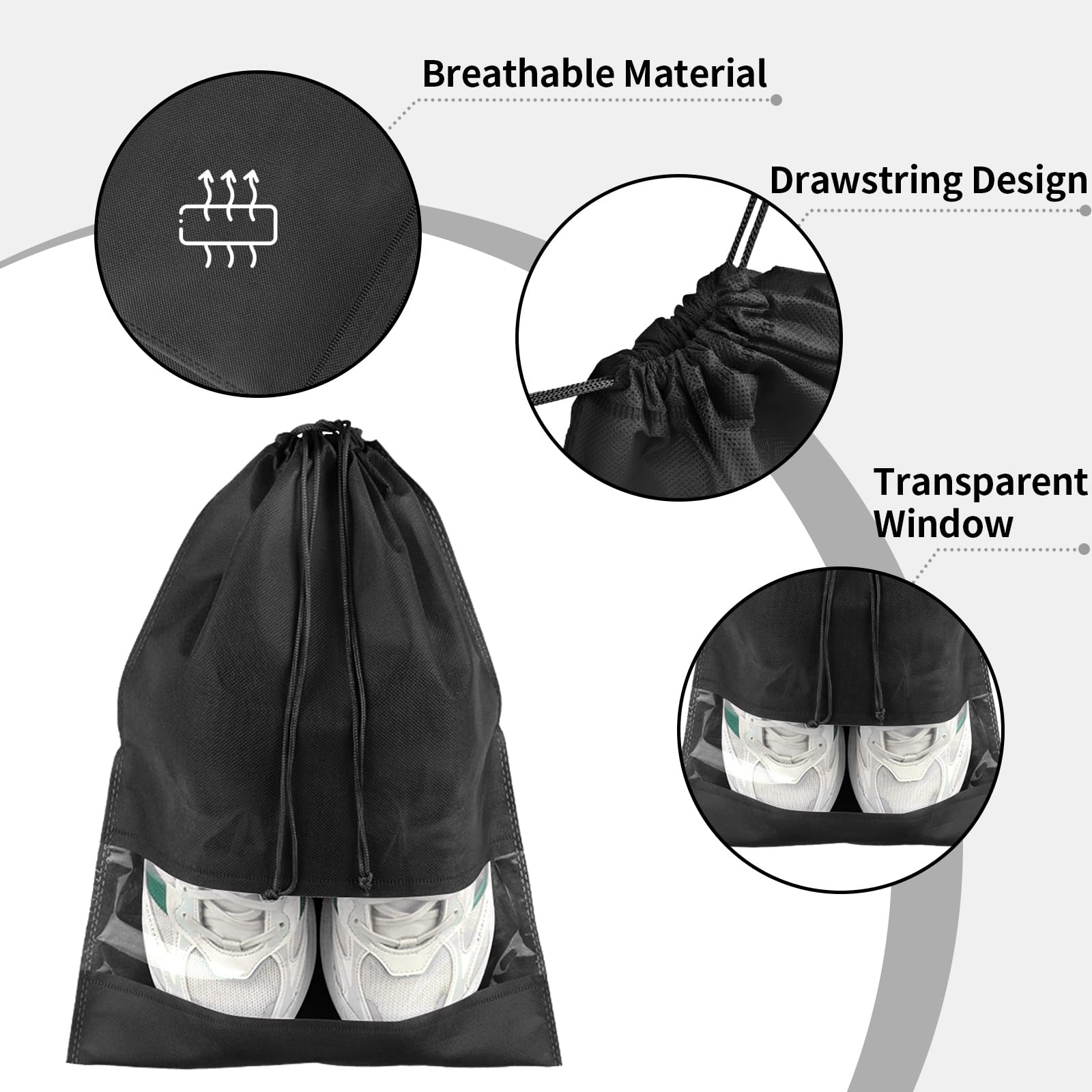 20 Pack Large Clear Window Shoe Bags for Travel - Dustproof Drawstring Shoe Storage Organizers for Men & Women (Black) - Perfect for Packing, Gym, Vacation & Closet Organization
