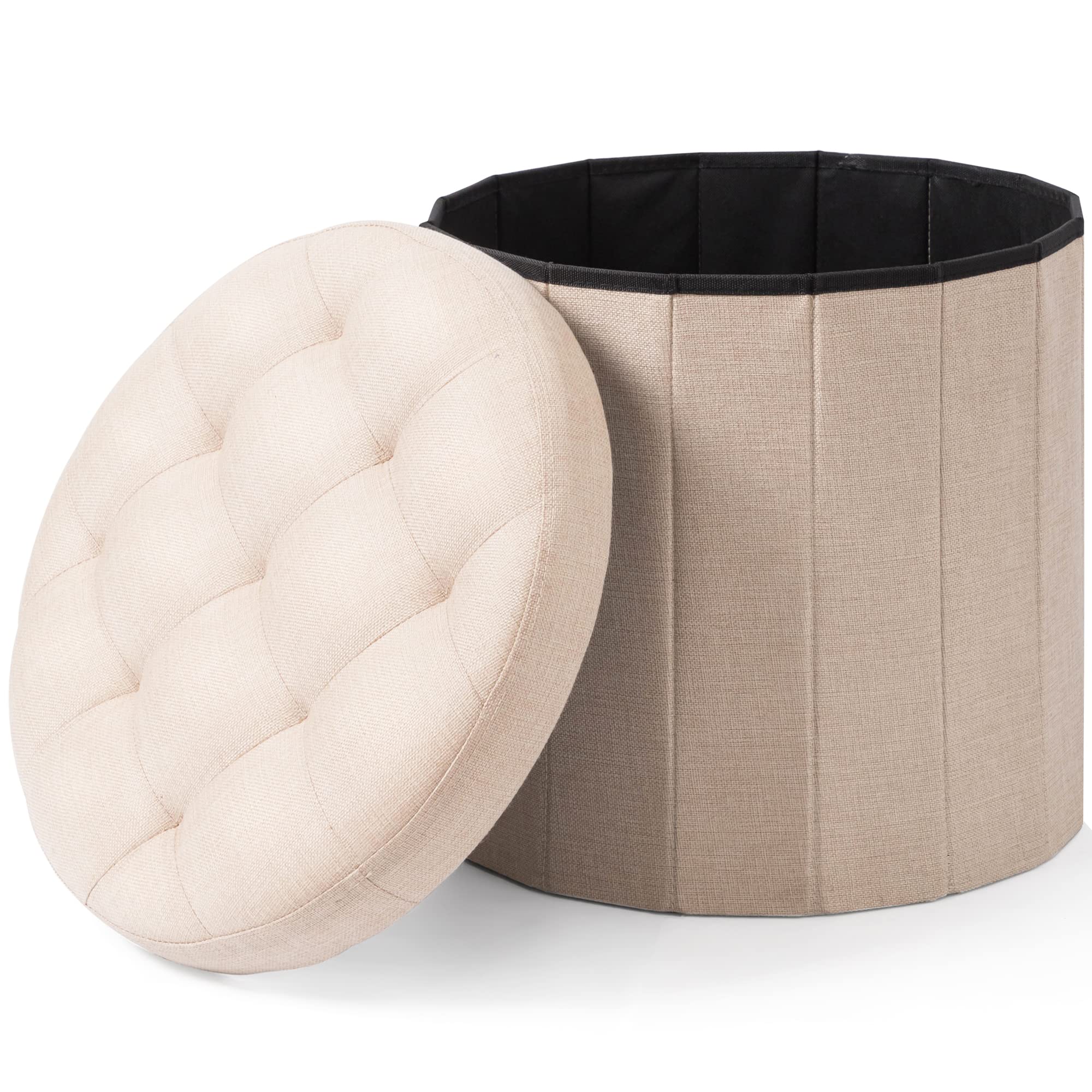 Cuyoca 18 Inch Round Ottoman Storage Foot Rest - Foldable Tufted Ottoman with 65L Storage Space, Cream Linen Fabric for Living Room, Bedroom & Nursery