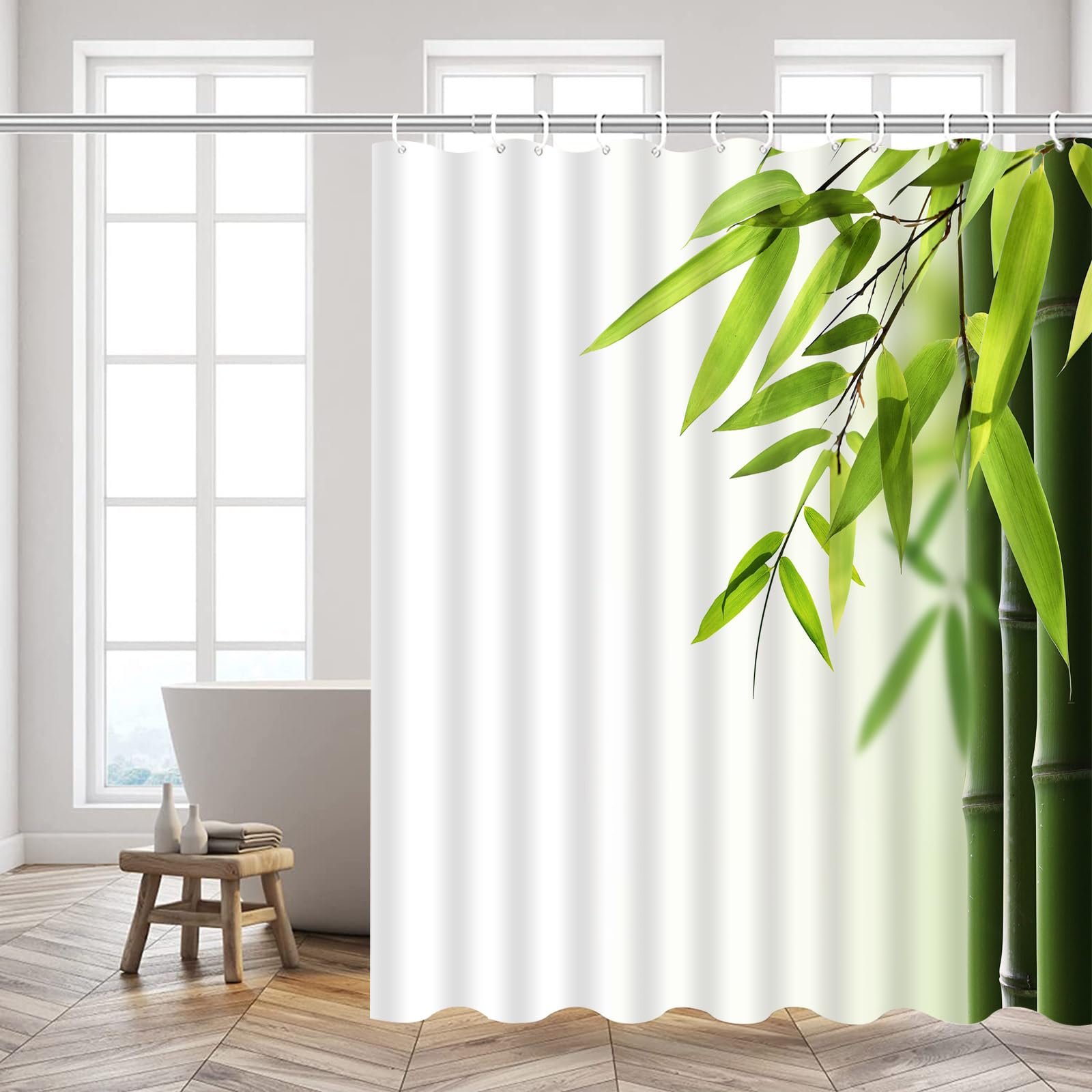 Eco-Friendly Green Bamboo Shower Curtain - Japanese Zen Style Spa Bathroom Decor with Leaf Pattern - 70x70 Inch Polyester Fabric Hanging Set with Hooks - Perfect for Meditation, Relaxation & Nature-Inspired Home Decor