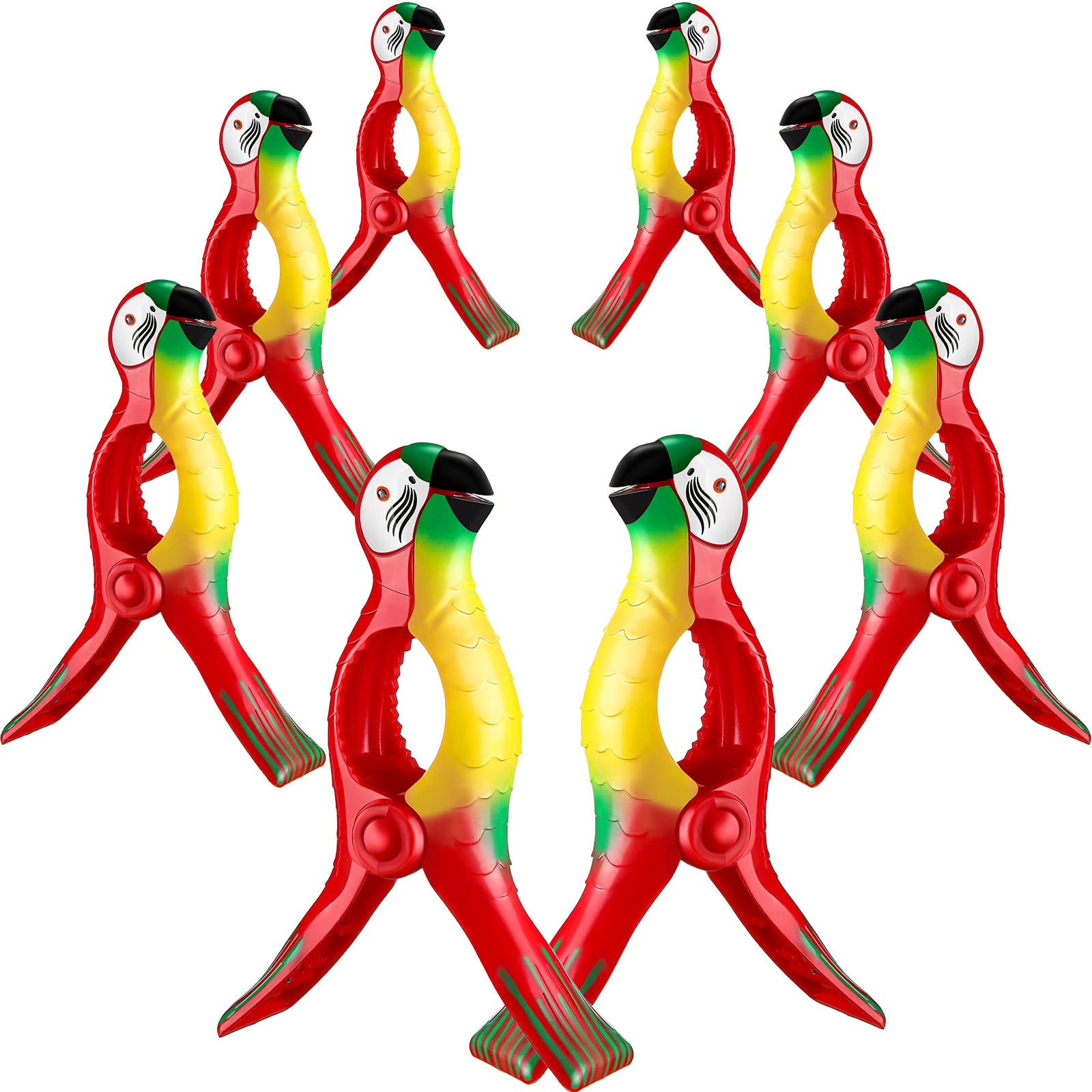 8 Pcs Heavy Duty Flamingo & Parrot Beach Towel Clips - Durable Chair Clips for Pool, Beach & Cruise - Towel Holders, Blanket Clips & Clothes Pins for Lounge Chairs (Red, Parrot) - Perfect for Vacation, Summer Outings & Waterfront Relaxation