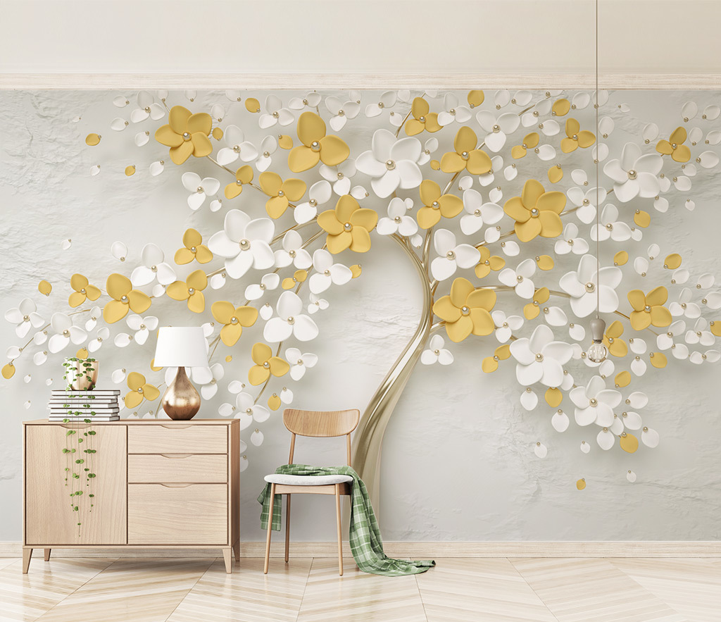 3D Tree White & Yellow Large Flowers Wallpaper Murals - Peel and Stick Removable Wallpaper for Living Room, Bedroom, Nursery Decor