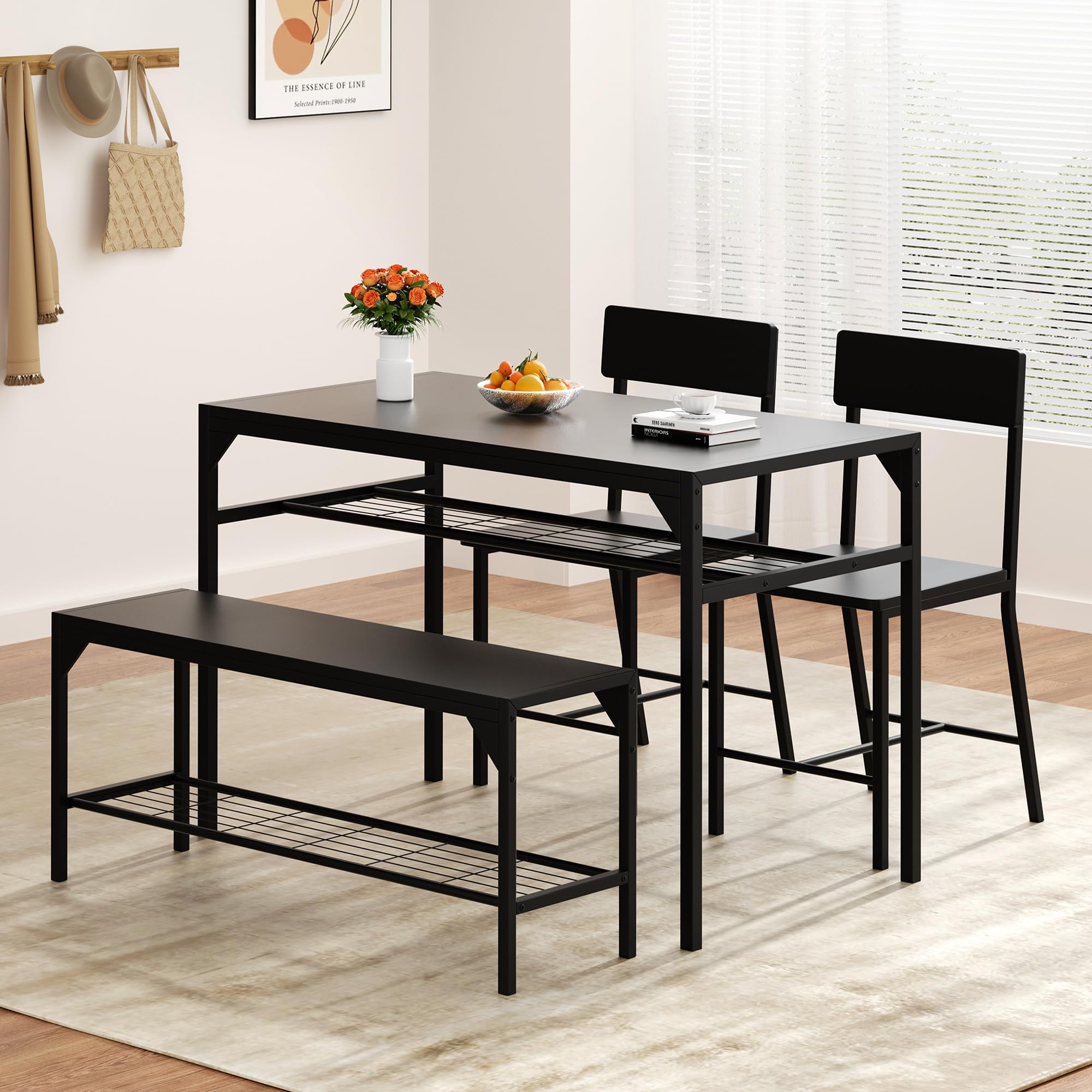 Shintenchi 4-Piece Kitchen Dining Set with Table, Bench, Chairs & Storage Rack - Space-Saving Metal Frame Design for Small Apartments - Perfect for Breakfast Nooks, Compact Kitchens and Cozy Dining Areas (Black)