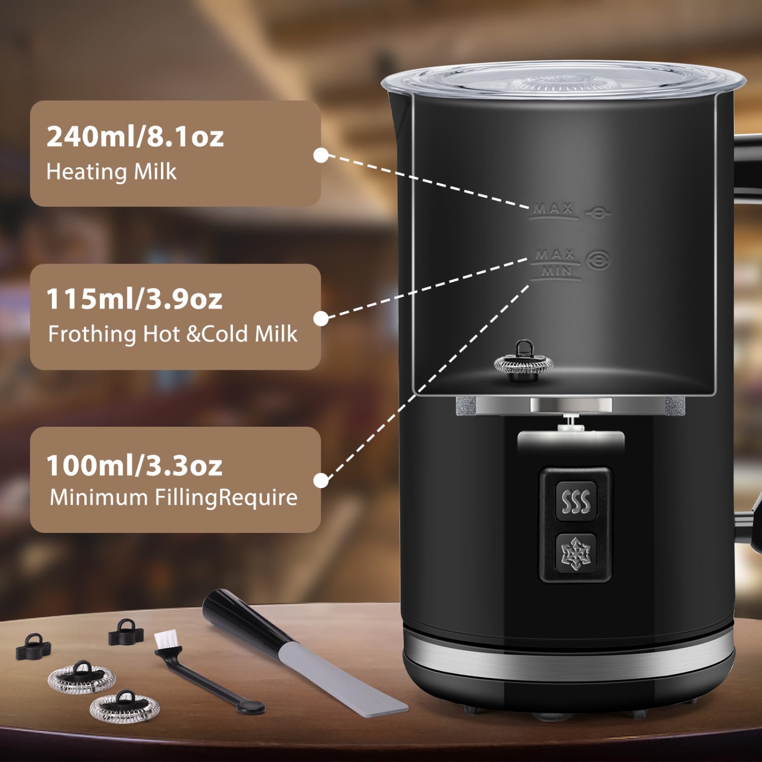 Aigostar 4-in-1 Electric Milk Frother & Steamer - Automatic Hot/Cold Milk Foam Maker for Coffee, Latte, Cappuccino & Hot Chocolate - Silent Operation, Black - Perfect for Home Baristas & Coffee Lovers
