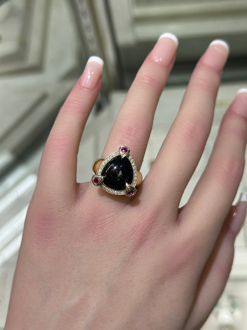 0.24tcw 18K Gold Natural Opal Ruby Diamond Statement Ring for Women - Elegant Cocktail Party Wedding Anniversary Gift Jewelry