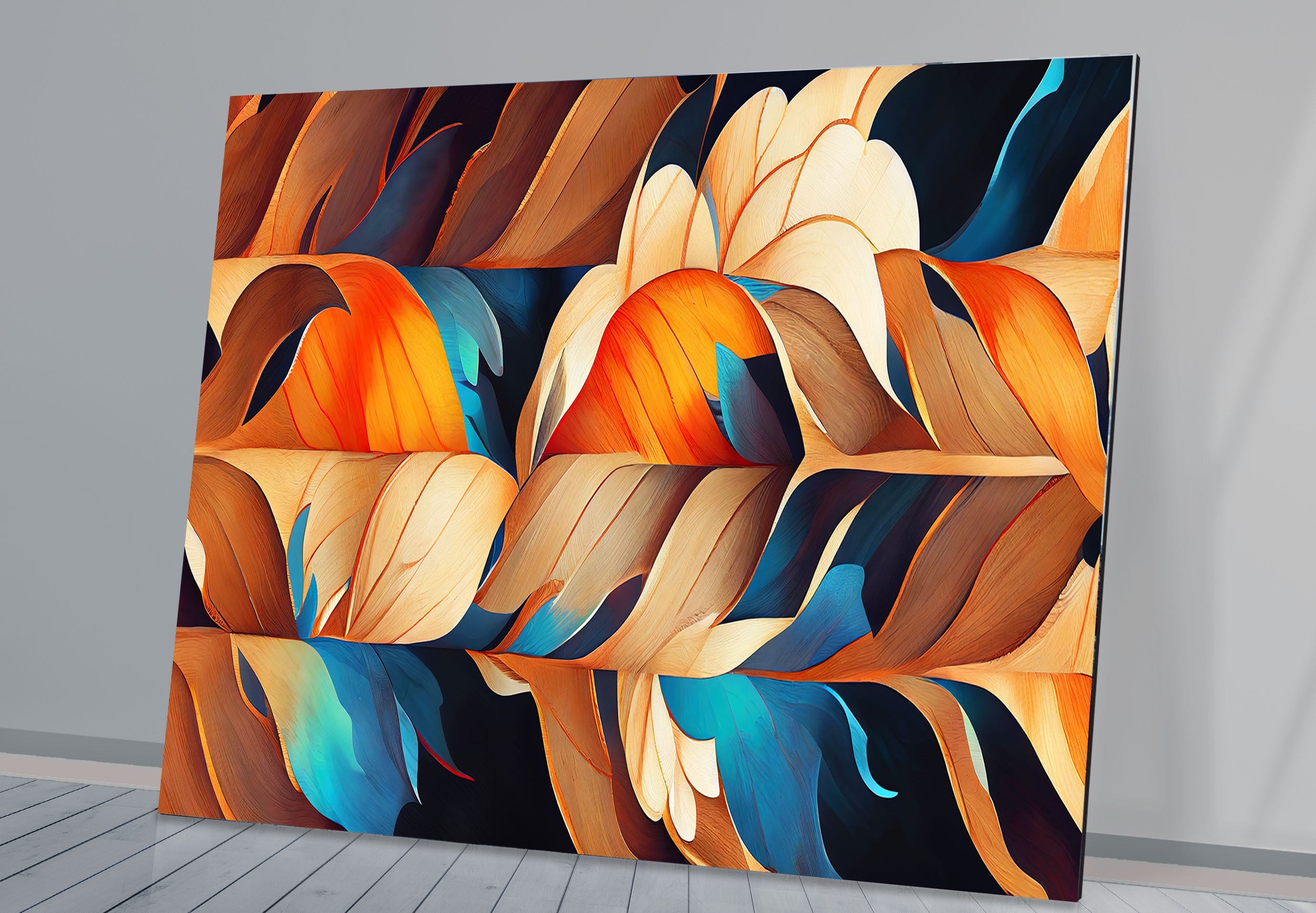 Abstract Feather Flow Glass Wall Art – Earthy Orange & Teal Nature Design Handmade Home Decor for Living Room, Bedroom & Office – Modern Nature-Inspired Wall Hangings
