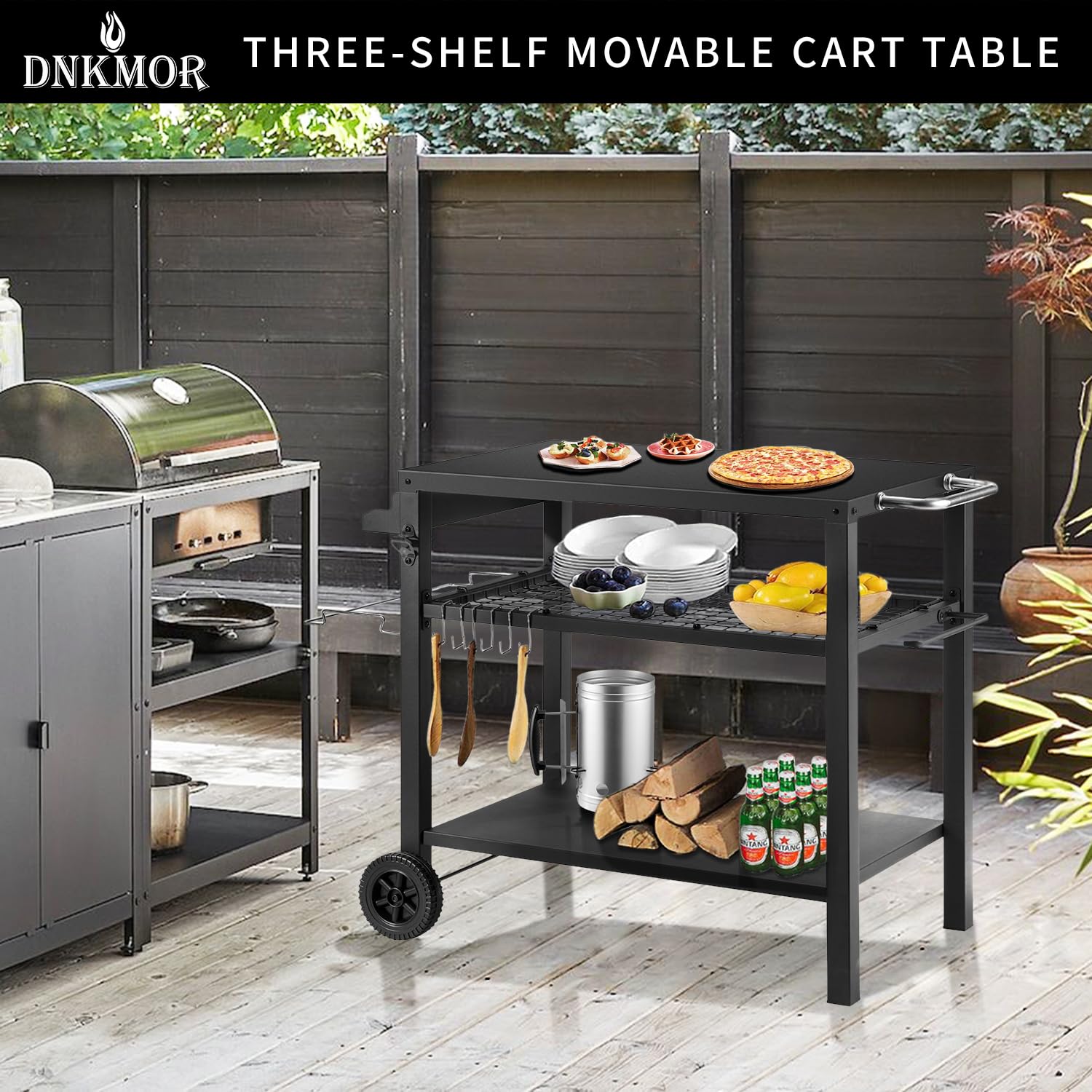 3-Tier Rolling Kitchen Cart - Portable Outdoor BBQ Grill Table with Pizza Oven Stand & Hooks - Multi-Functional Food Prep Station for Indoor/Outdoor Use - Perfect for Patio Cooking, Backyard Parties & Small Space Kitchens (Black)