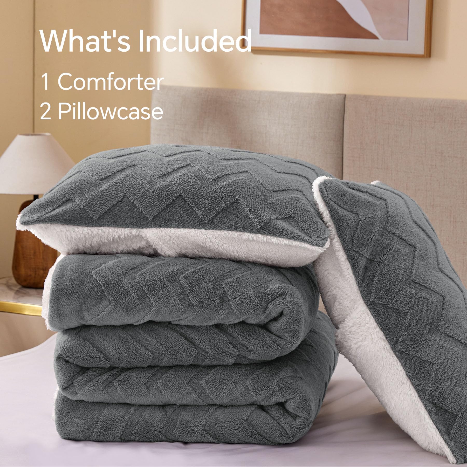 BEDELITE Fluffy Queen Comforter Set - Ultra Soft Sherpa Grey Bedding for Queen Size Bed | 3-Piece Luxury Winter Comforter Set with 1 Comforter & 2 Pillow Shams | Perfect for Cozy Winter Nights, Guest Rooms & Cold Weather Bedding