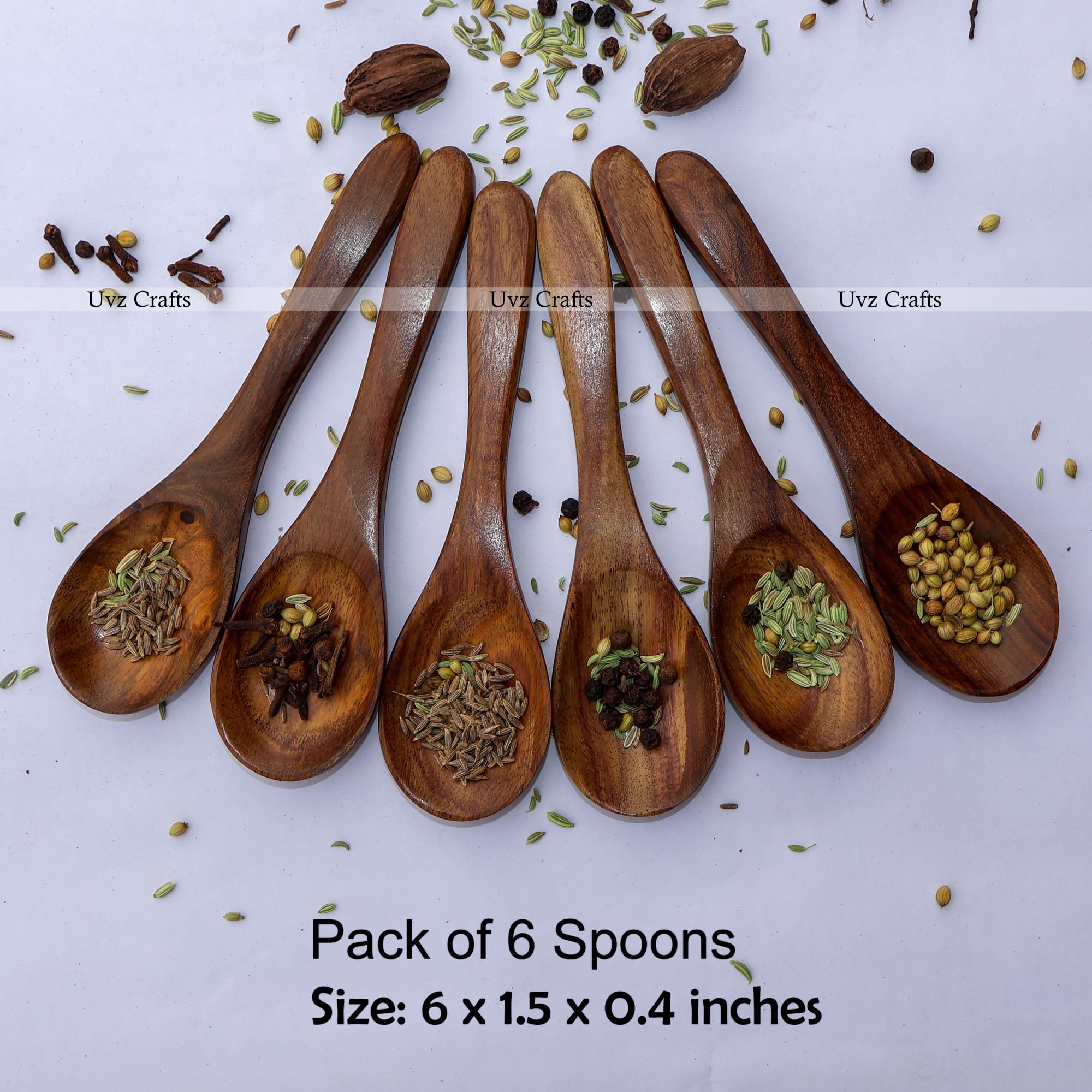 Wooden Mini Spoons Set - 6 Inch Small Wooden Scoops for Spices, Sugar, Salt, Herbs, Tea & Coffee - Perfect for Spice Jars, Sugar Bowls, Bath Salts & Condiments - 6-Piece Wooden Teaspoon Set for Kitchen & Home Use