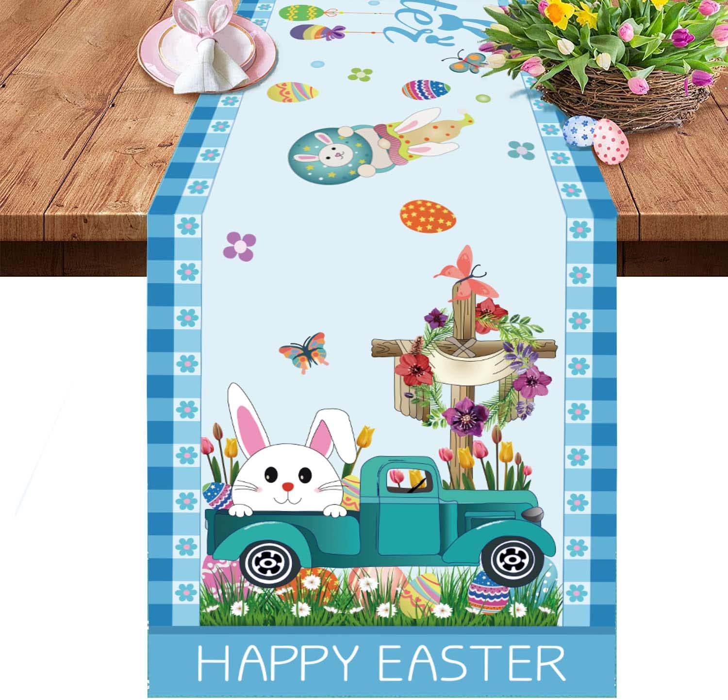 Easter Table Runner 72 Inch - Buffalo Check Plaid Spring Tablecloth with Bunny Eggs & Cross Design for Easter Party, Wedding, Coffee & Dining Table Decor - Perfect for Holiday Home Decorations & Seasonal Celebrations