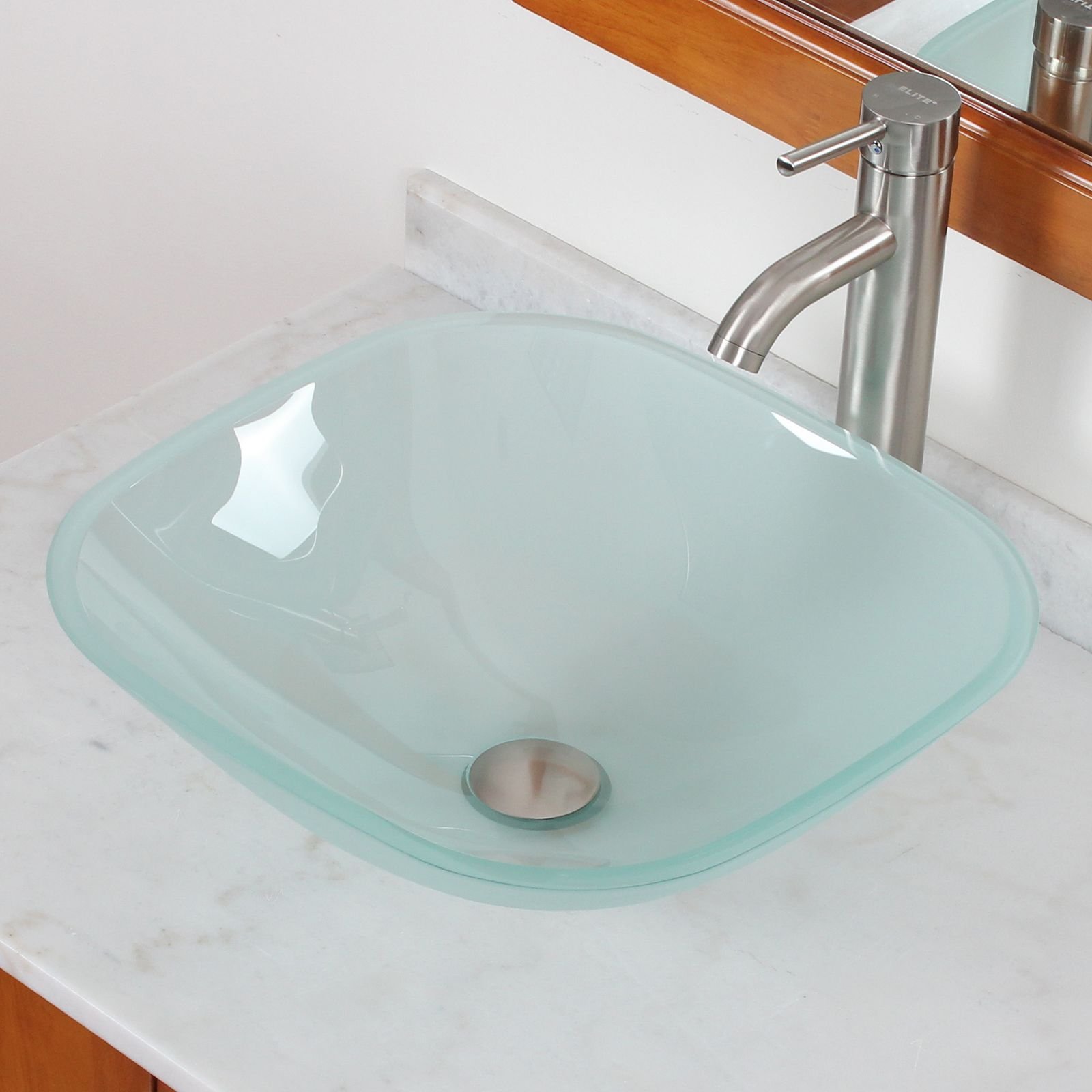 ELITE Frosted Glass Square Vessel Sink with Brushed Nickel Faucet - Modern Bathroom Vanity Set for Contemporary Homes & Luxury Hotels
