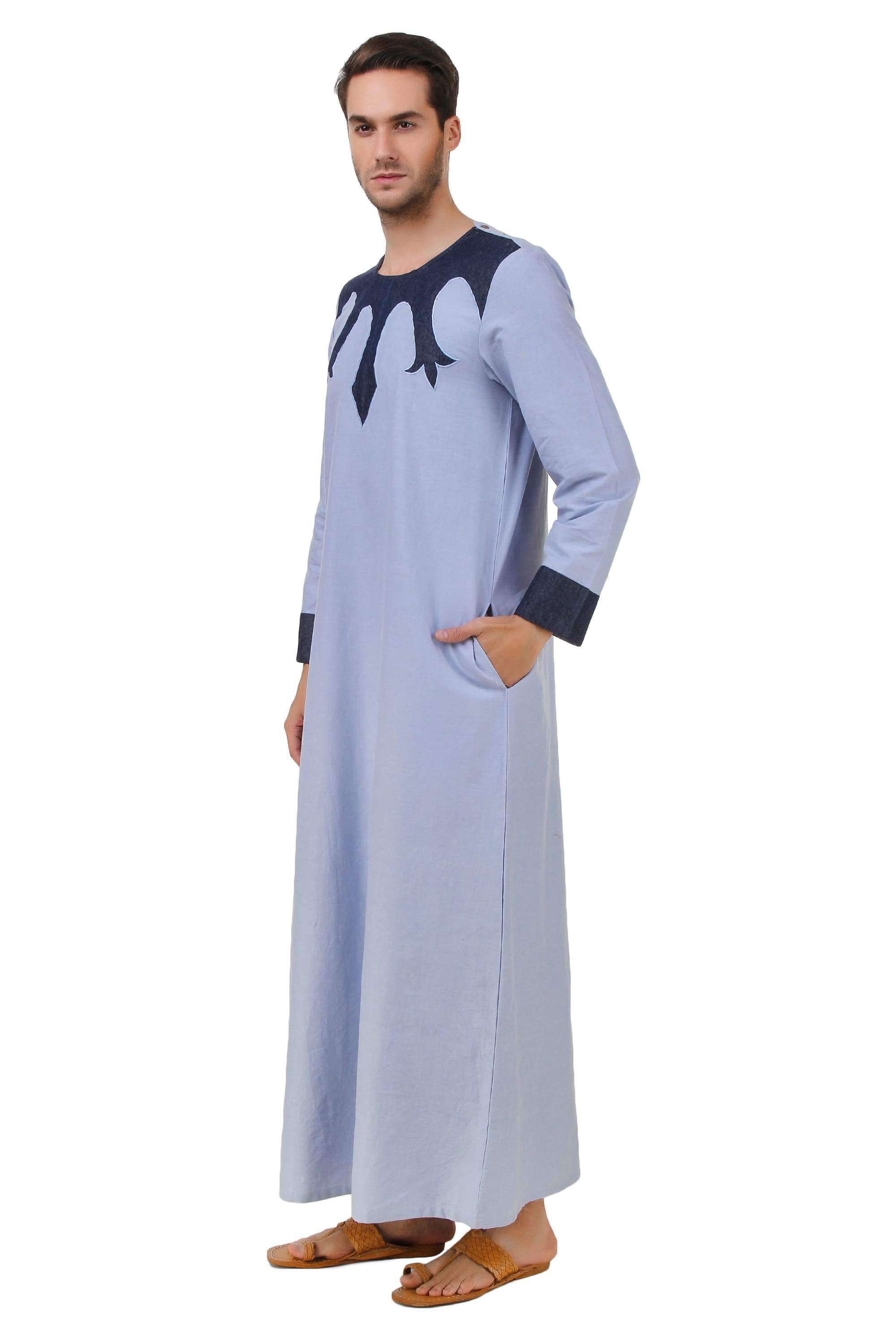 Farhan Blue Chambray Galabiyya - Traditional Arabic Robe for Men - Comfortable Loungewear & Prayer Outfit - Perfect for Eid, Ramadan & Home Relaxation