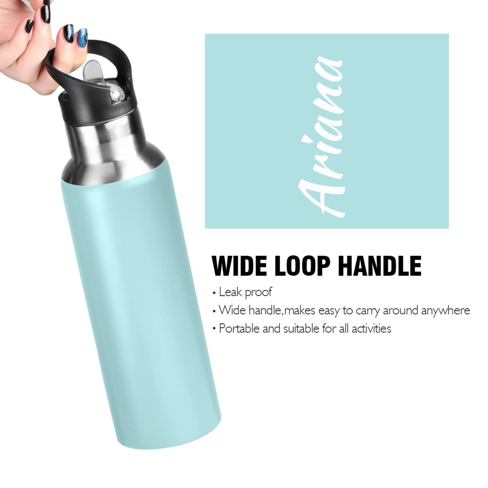 Custom 20oz Insulated Vacuum Water Bottle with Straw Lid - Personalized Blue Sports Bottle for Hiking, Gym & Outdoor Activities | Leakproof & Durable