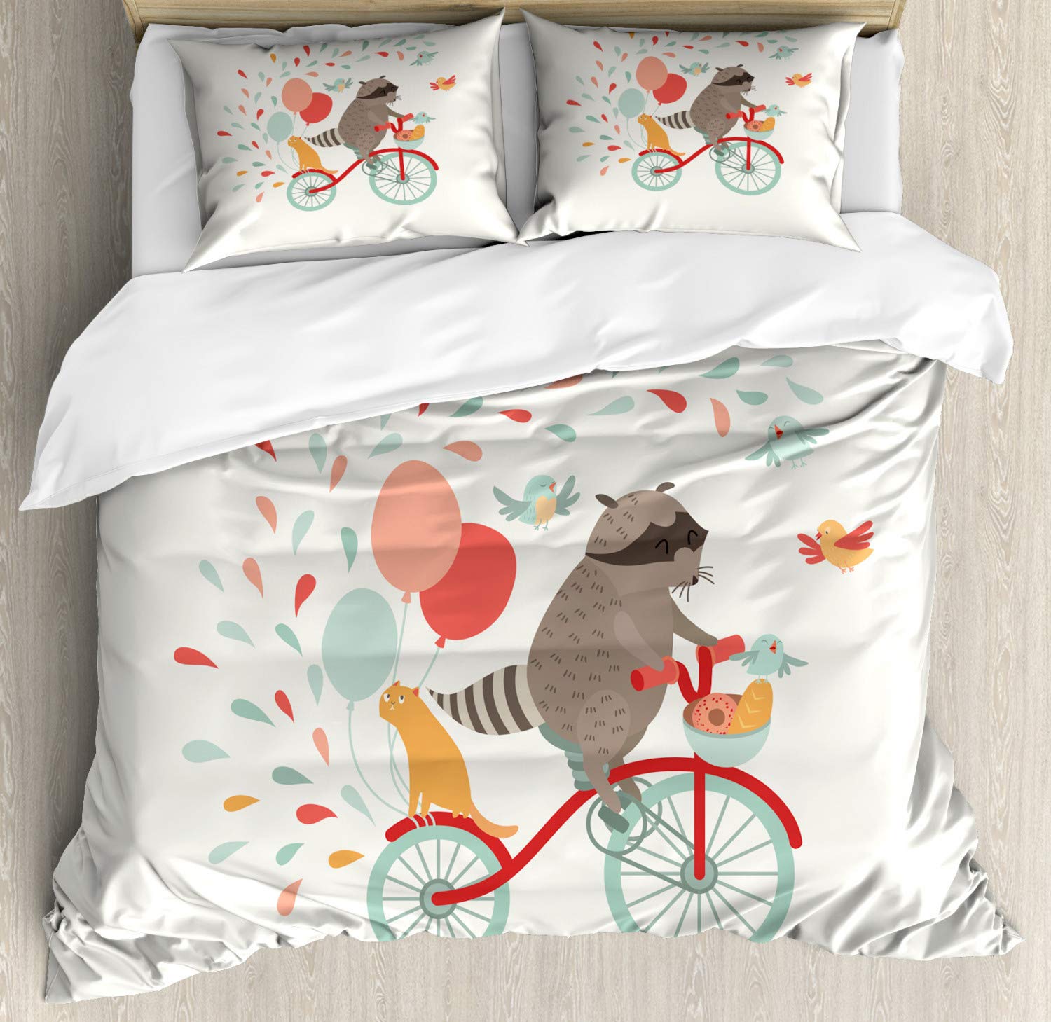 Ambesonne Cartoon Duvet Cover Set - Happy Raccoon Riding Bicycle with Cat Balloons & Birds on Teardrop Background, 3-Piece King Size Bedding Set with 2 Pillow Shams, Vibrant Multicolor Design | Perfect for Kids' Rooms, Themed Bedrooms & Whimsical Home Decor