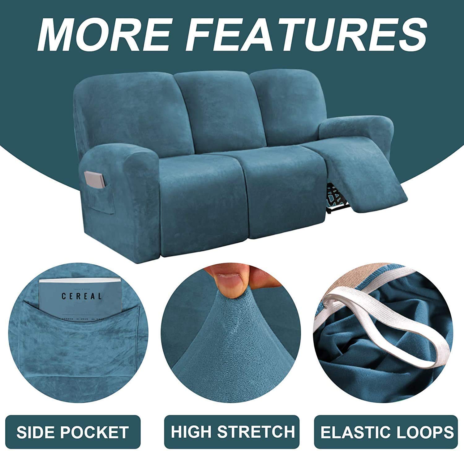 8-Piece Stretch Velvet Recliner Sofa Cover Set - Soft Thick Form-Fitted Couch Covers for 3-Seater Reclining Sofas with Side Pockets (Peacock Blue) - Perfect for Living Room, Home Theater & Family Room Furniture Protection