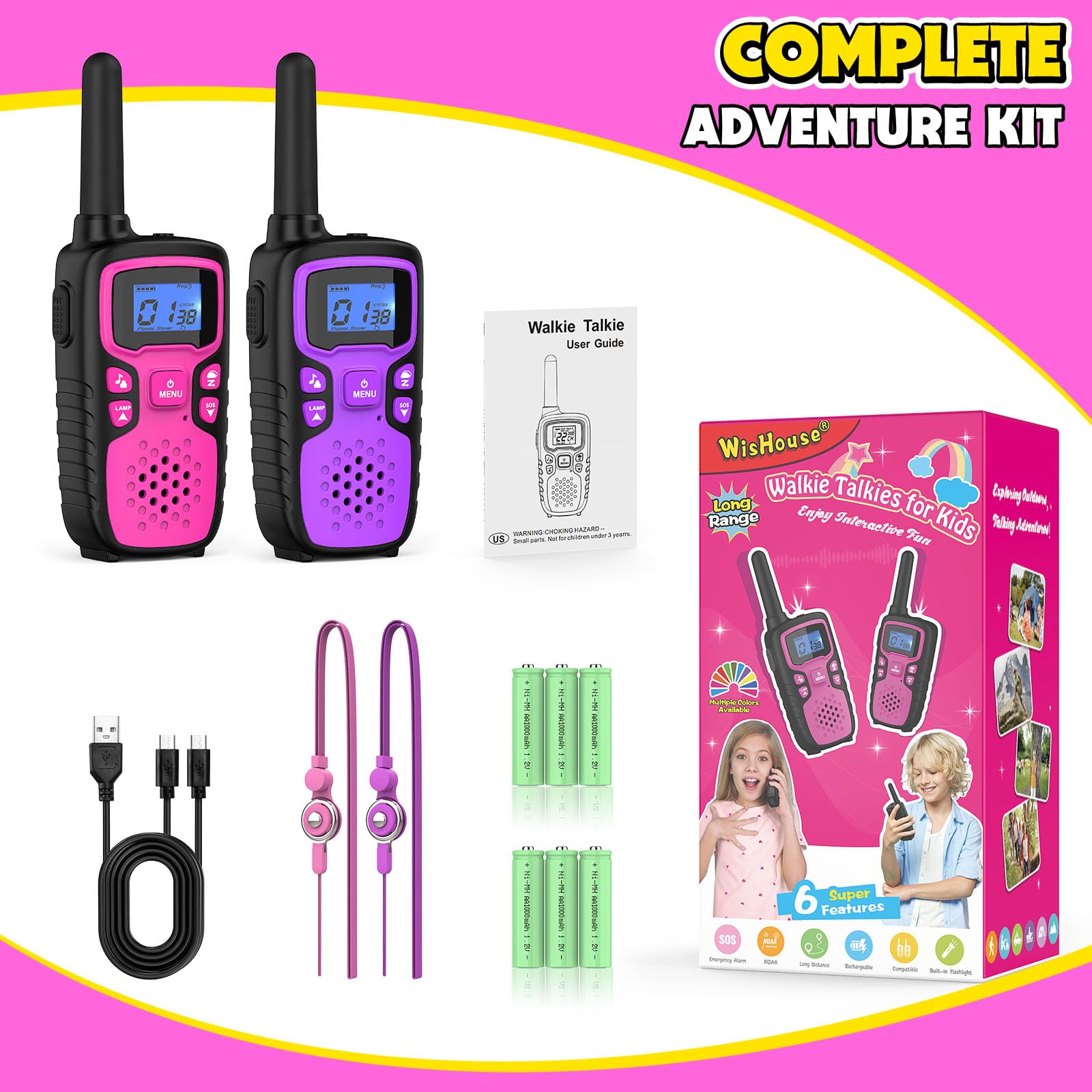 **Wishouse Kids Walkie Talkies Rechargeable - Long Range 2-Way Radios for Boys & Girls Ages 4-9, Perfect for Hiking, Camping & Outdoor Adventures - Includes NOAA Weather Alerts, SOS Siren, Flashlight & Lanyards - Great Christmas/Birthday Gift (2 Pack)**