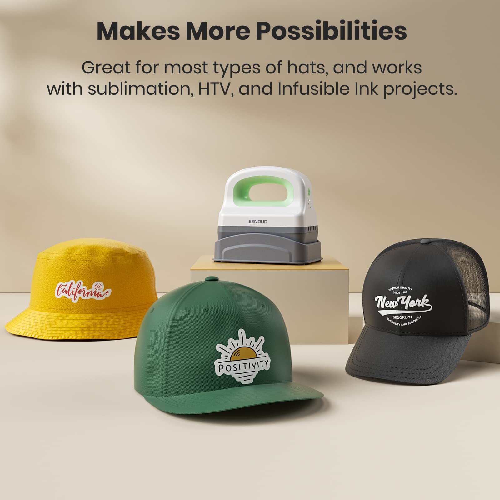 EENOUR Mini Hat Press Machine - 3 Heating Levels & Auto-Off, Handheld Cap Heat Press with 3